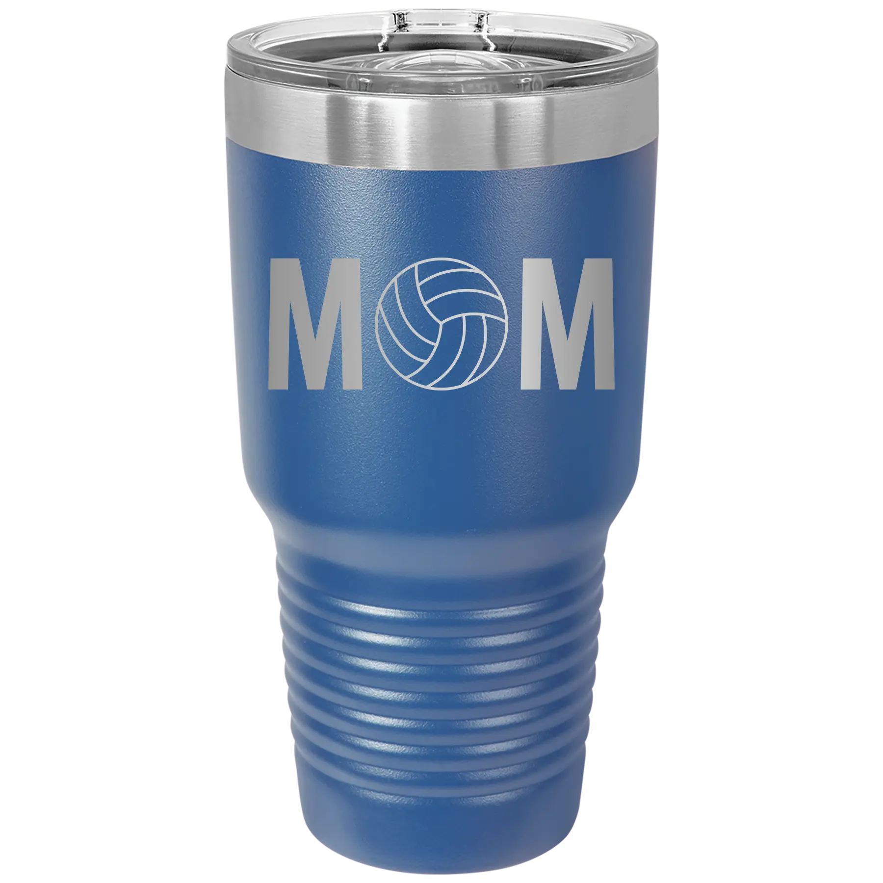 Laser etched royal blue 30 oz vacuum insulated tumbler with 'Mom Volleyball' design