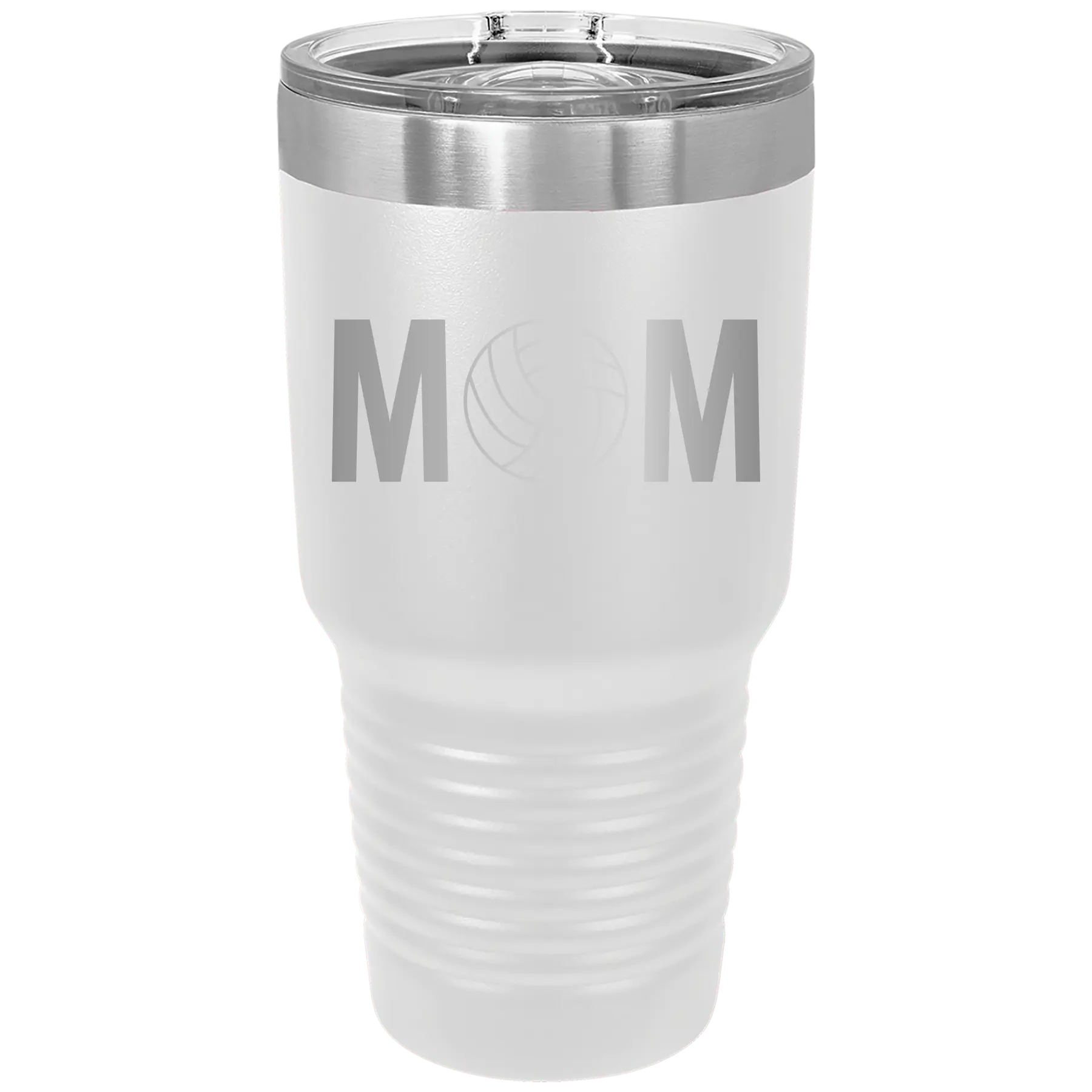 Laser etched white 30 oz vacuum insulated tumbler with 'Mom Volleyball' design