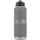 Laser etched dark gray 32 oz vacuum insulated water bottle with 'Mom Volleyball' design