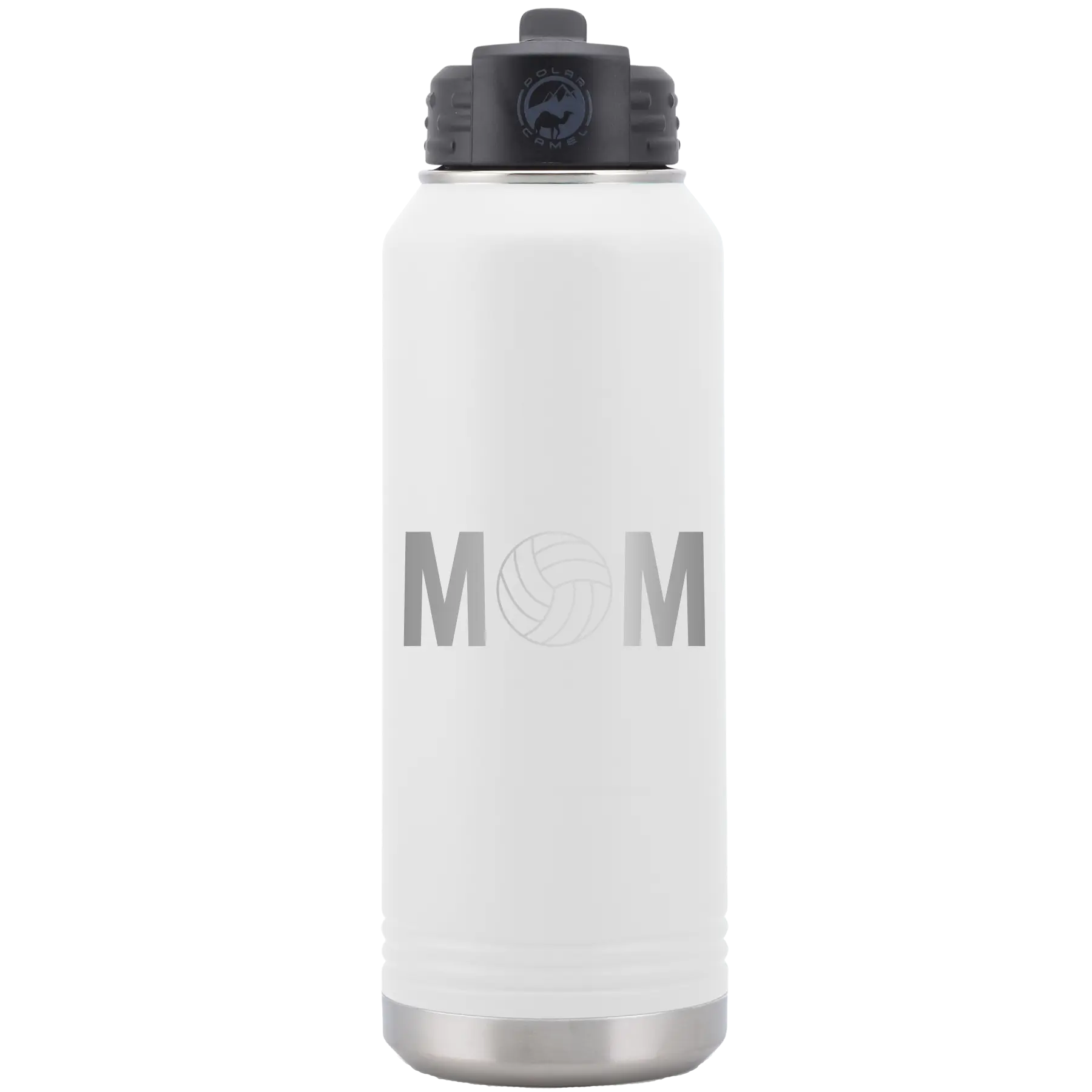 Laser etched white 32 oz vacuum insulated water bottle with 'Mom Volleyball' design