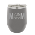 Laser etched dark gray 12 oz vacuum insulated wine cup with 'Mom Volleyball' design