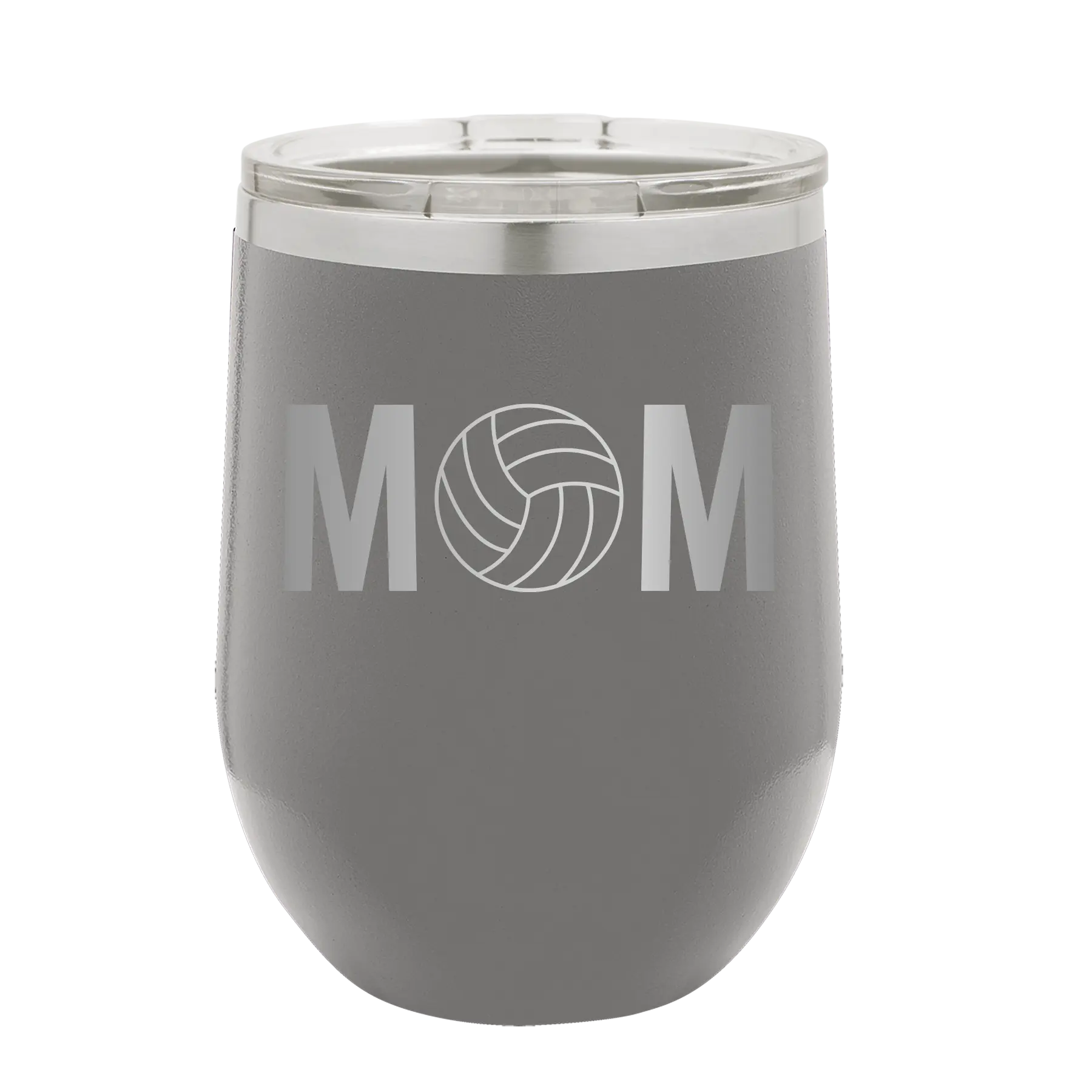 Laser etched dark gray 12 oz vacuum insulated wine cup with 'Mom Volleyball' design