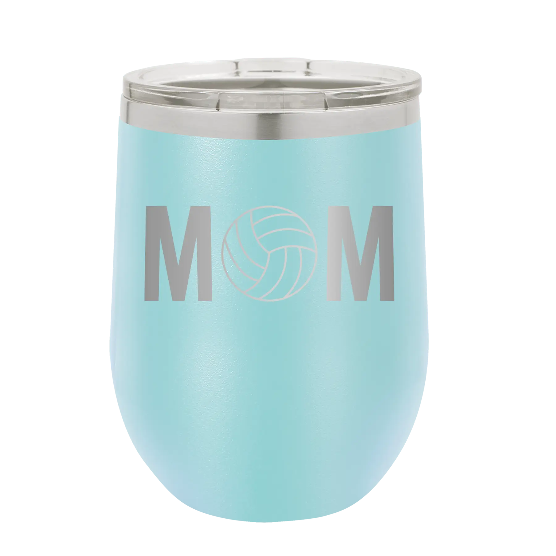 Laser etched light blue 12 oz vacuum insulated wine cup with 'Mom Volleyball' design