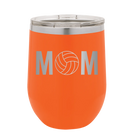 Laser etched orange 12 oz vacuum insulated wine cup with 'Mom Volleyball' design