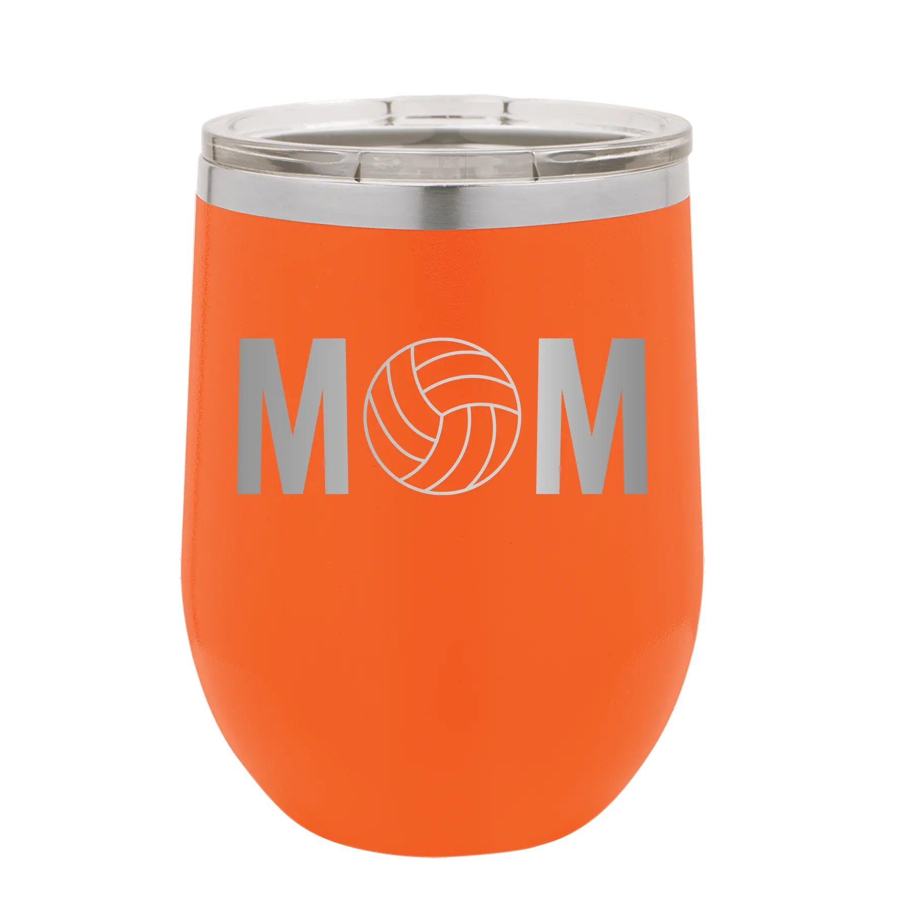 Laser etched orange 12 oz vacuum insulated wine cup with 'Mom Volleyball' design