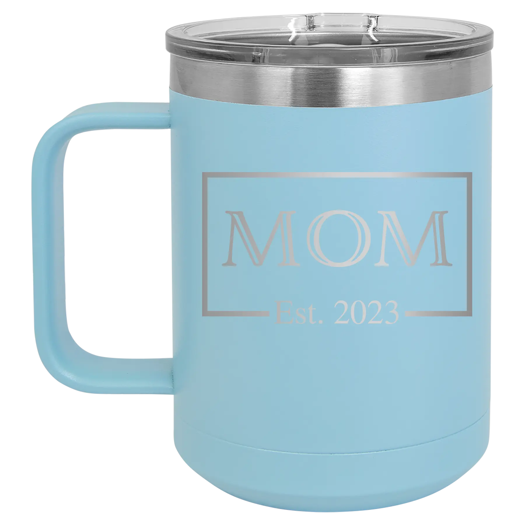 Personalized light blue 15 oz vacuum insulated coffee mug with 'Mom Est2' design