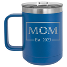 Personalized royal blue 15 oz vacuum insulated coffee mug with 'Mom Est2' design