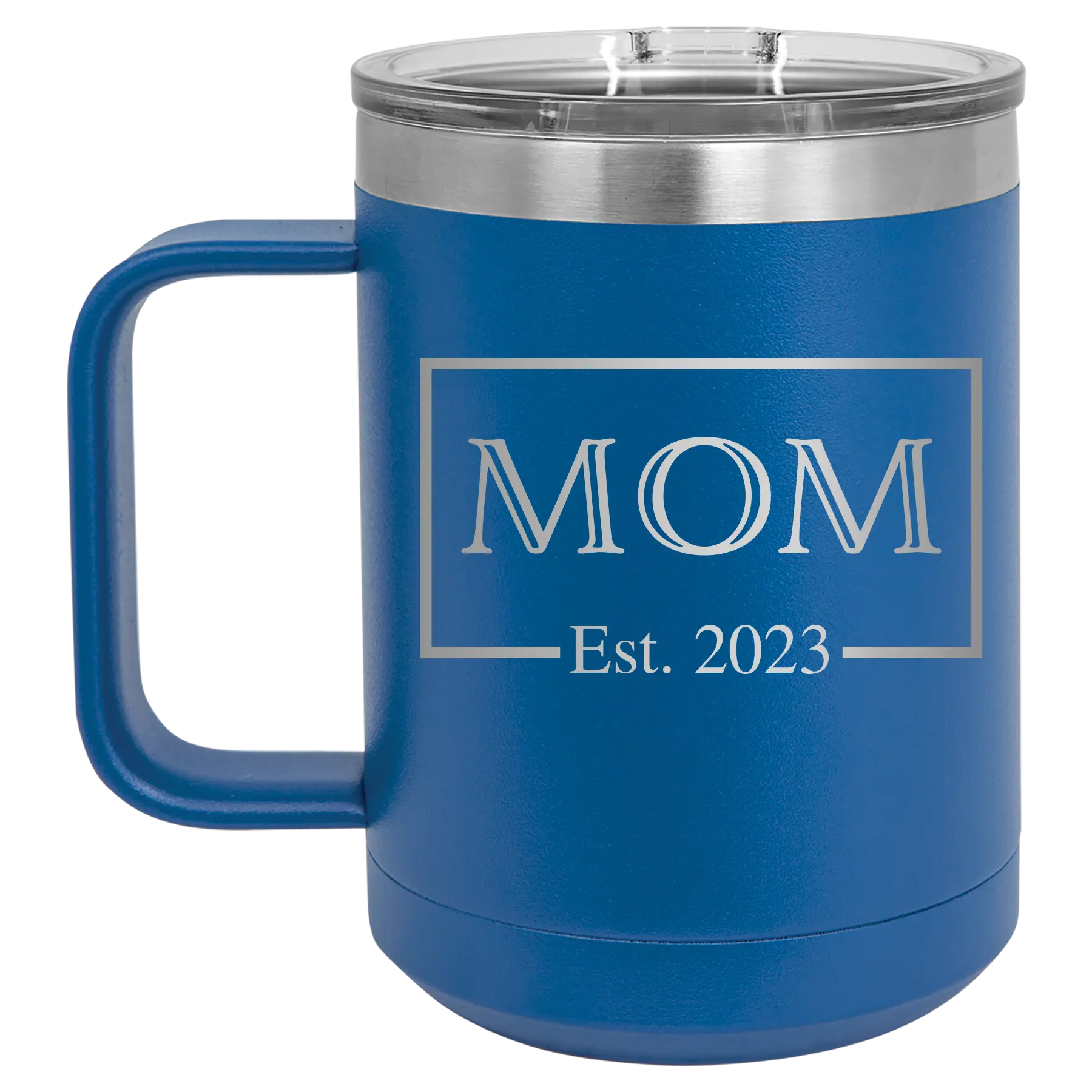Personalized royal blue 15 oz vacuum insulated coffee mug with 'Mom Est2' design