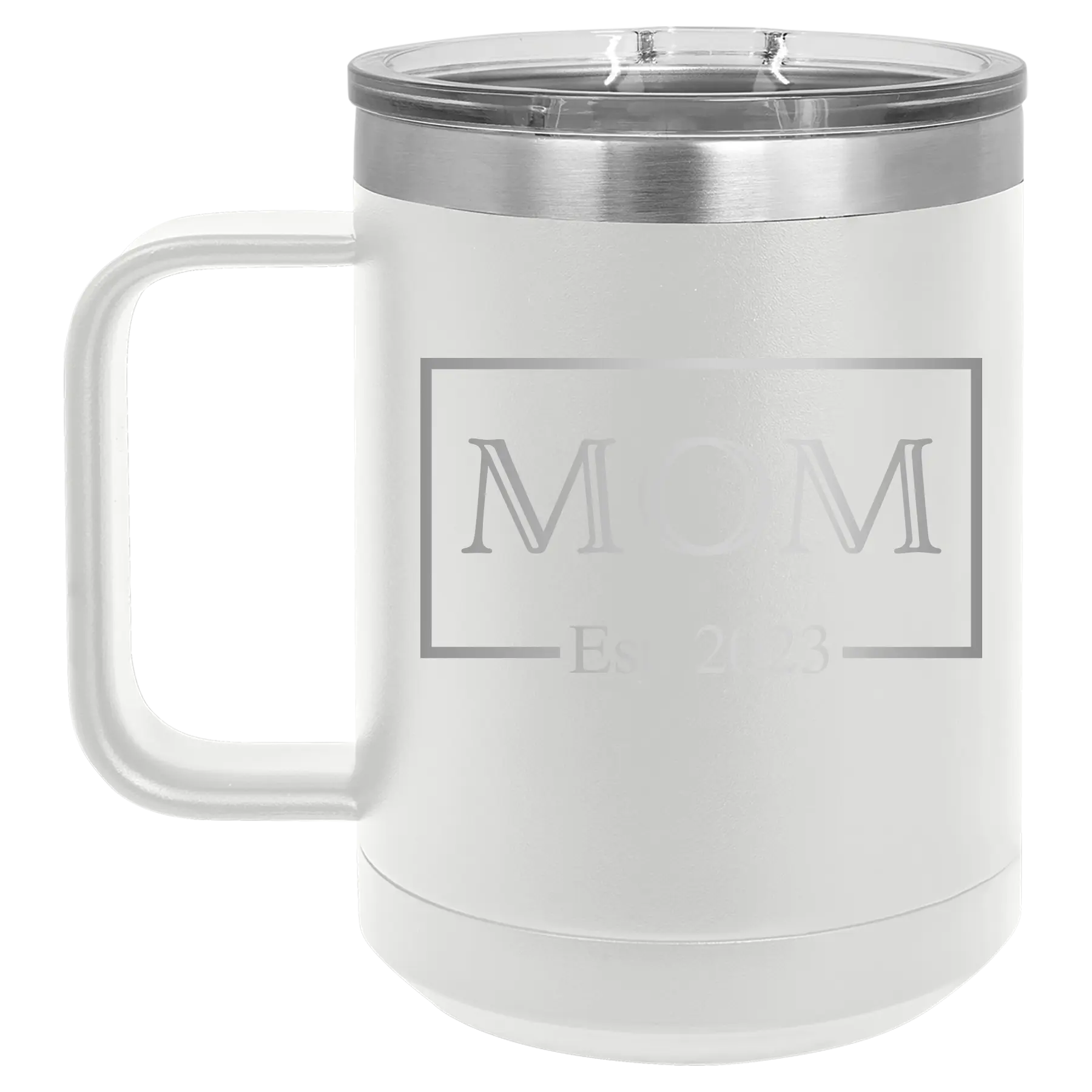Personalized white 15 oz vacuum insulated coffee mug with 'Mom Est2' design