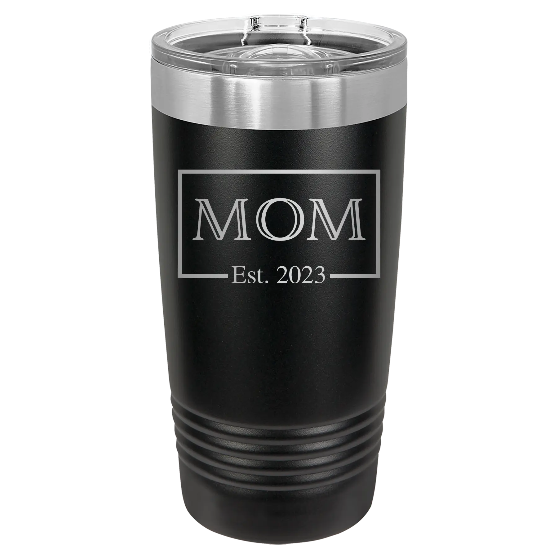Personalized black 20 oz vacuum insulated tumbler with 'Mom Est2' design