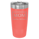 Personalized coral 20 oz vacuum insulated tumbler with 'Mom Est2' design
