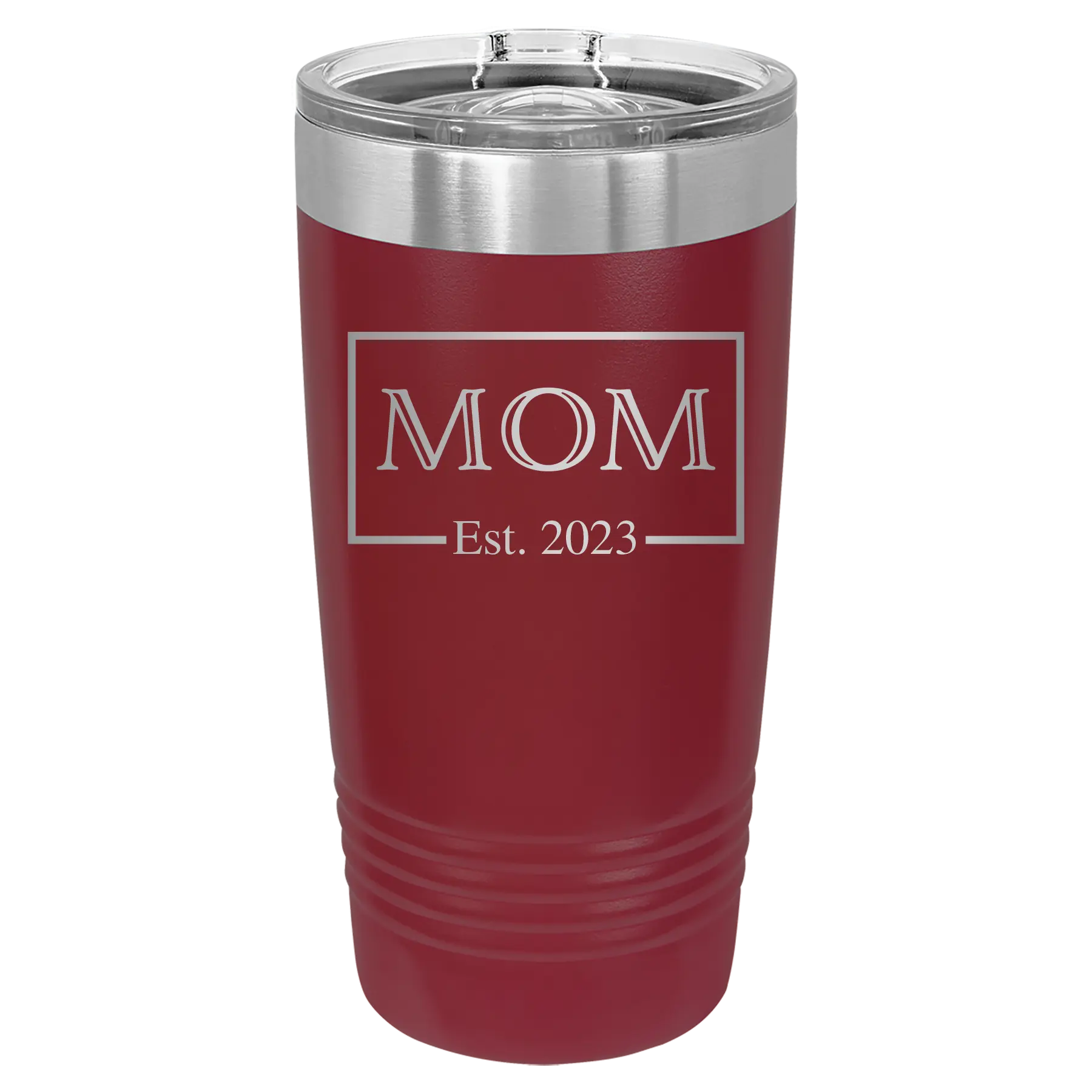 Personalized maroon 20 oz vacuum insulated tumbler with 'Mom Est2' design