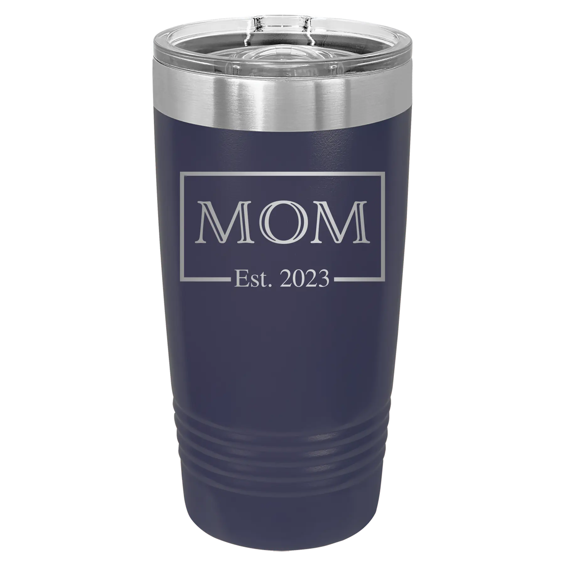 Personalized navy 20 oz vacuum insulated tumbler with 'Mom Est2' design