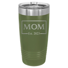 Personalized olive green 20 oz vacuum insulated tumbler with 'Mom Est2' design
