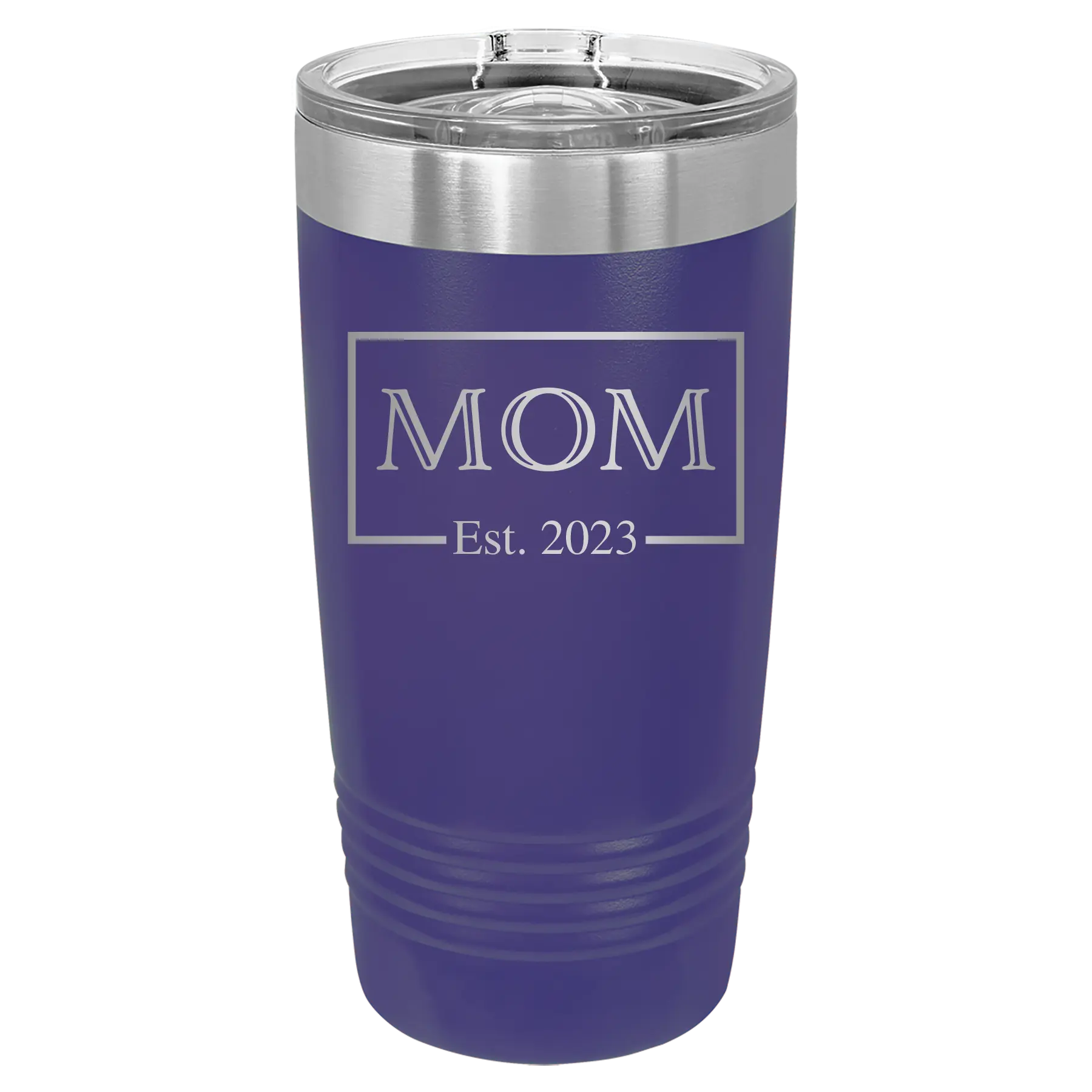 Personalized purple 20 oz vacuum insulated tumbler with 'Mom Est2' design