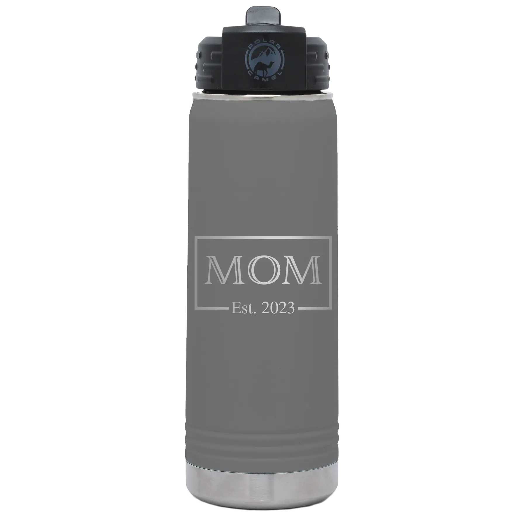 Personalized dark gray 20 oz vacuum insulated water bottle with 'Mom Est2' design