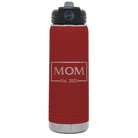 Personalized maroon 20 oz vacuum insulated water bottle with 'Mom Est2' design