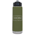 Personalized olive green 20 oz vacuum insulated water bottle with 'Mom Est2' design