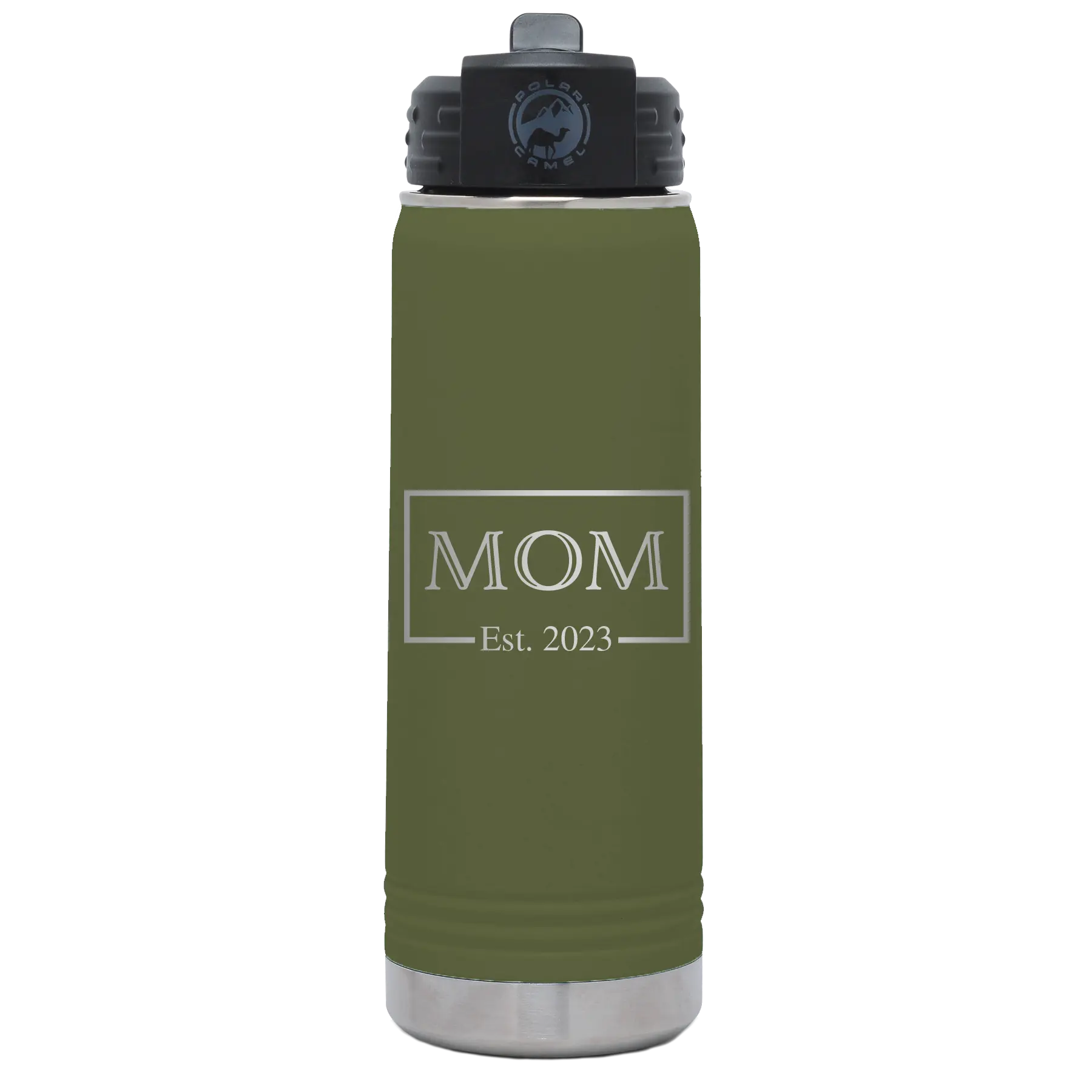 Personalized olive green 20 oz vacuum insulated water bottle with 'Mom Est2' design