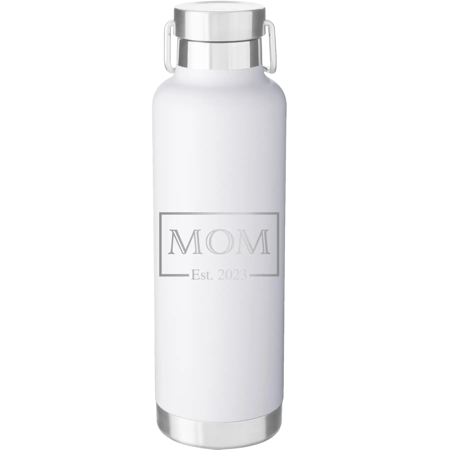 Personalized white 24 oz vacuum insulated water bottle with 'Mom Est2' design
