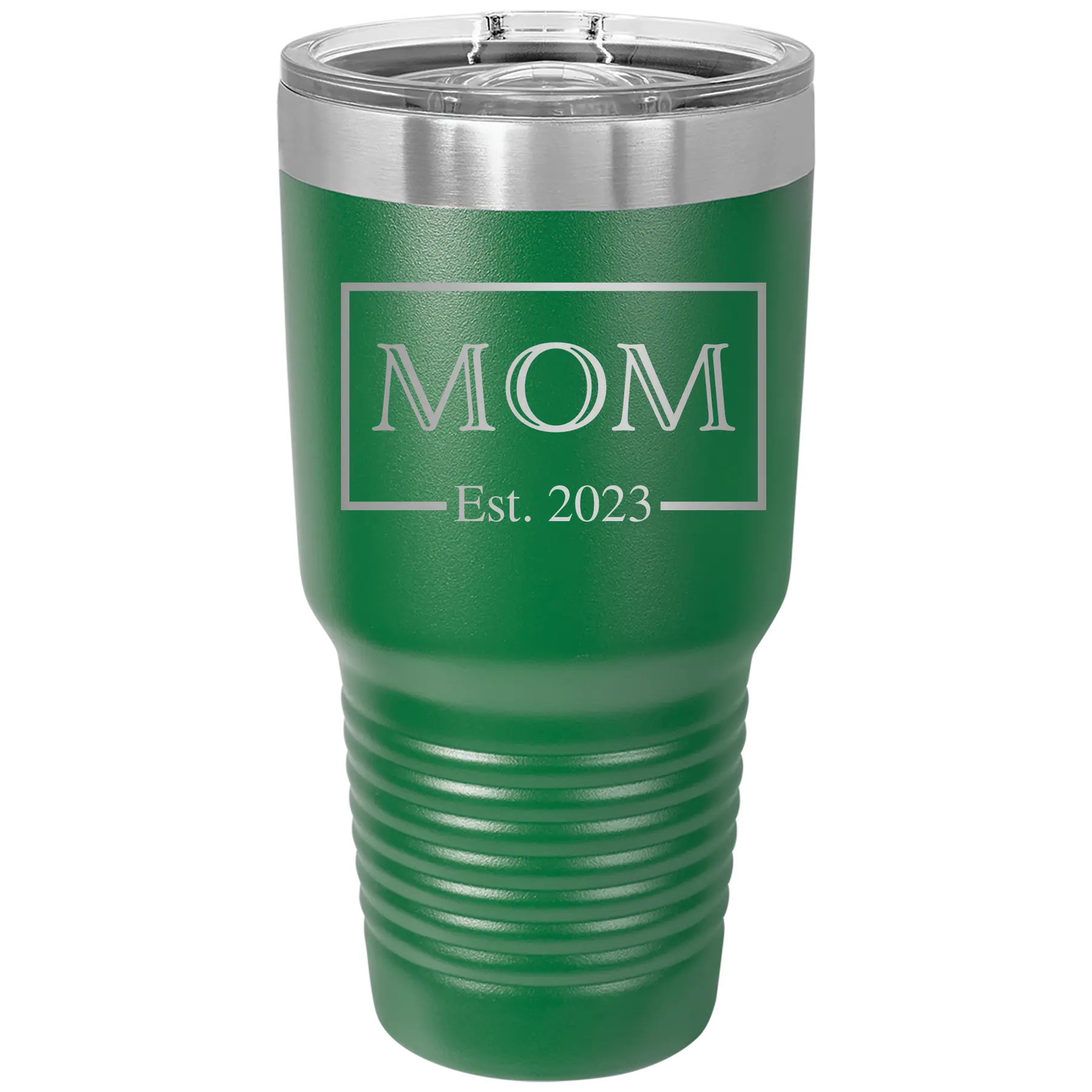 Personalized green 30 oz vacuum insulated tumbler with 'Mom Est2' design