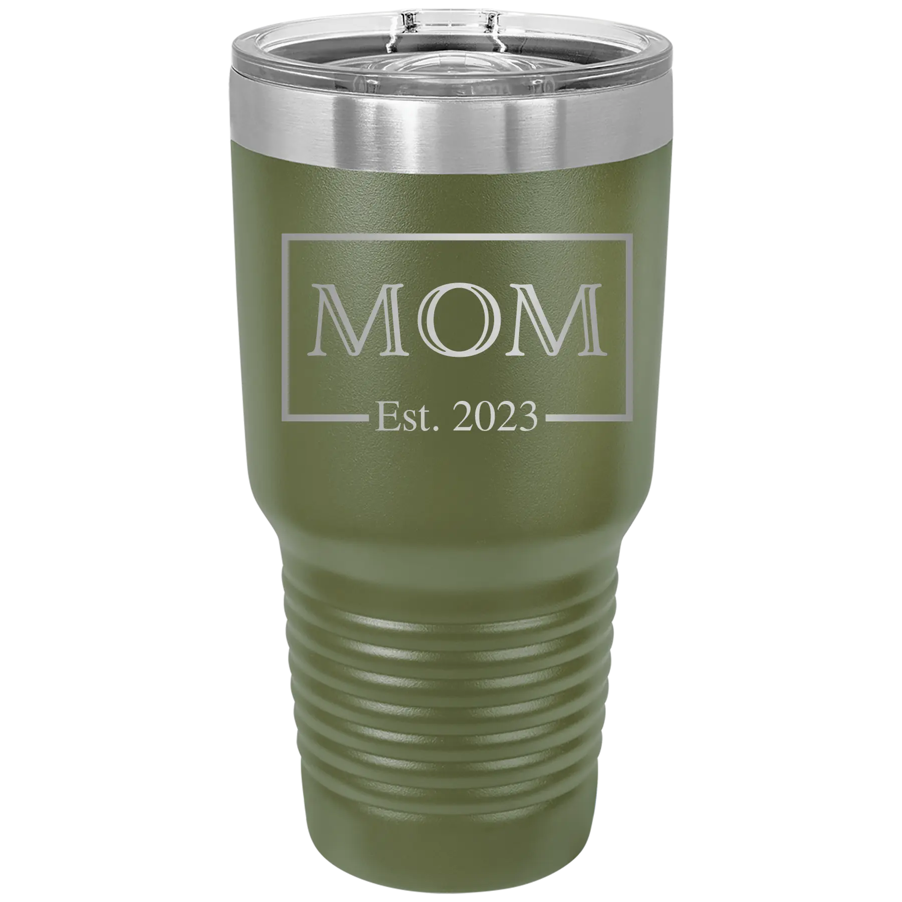 Personalized olive green 30 oz vacuum insulated tumbler with 'Mom Est2' design