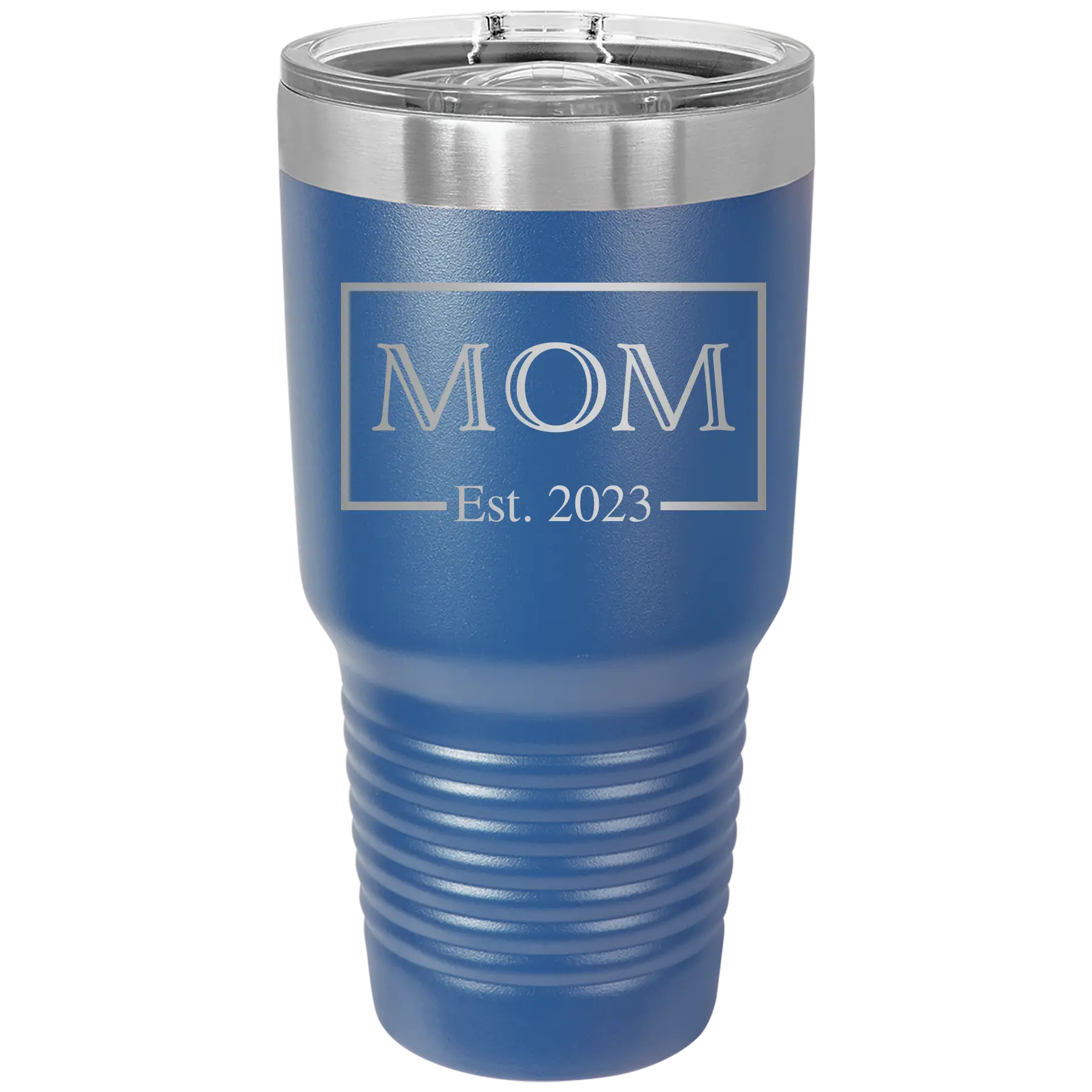 Personalized royal blue 30 oz vacuum insulated tumbler with 'Mom Est2' design