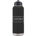 Personalized black 32 oz vacuum insulated water bottle with 'Mom Est2' design