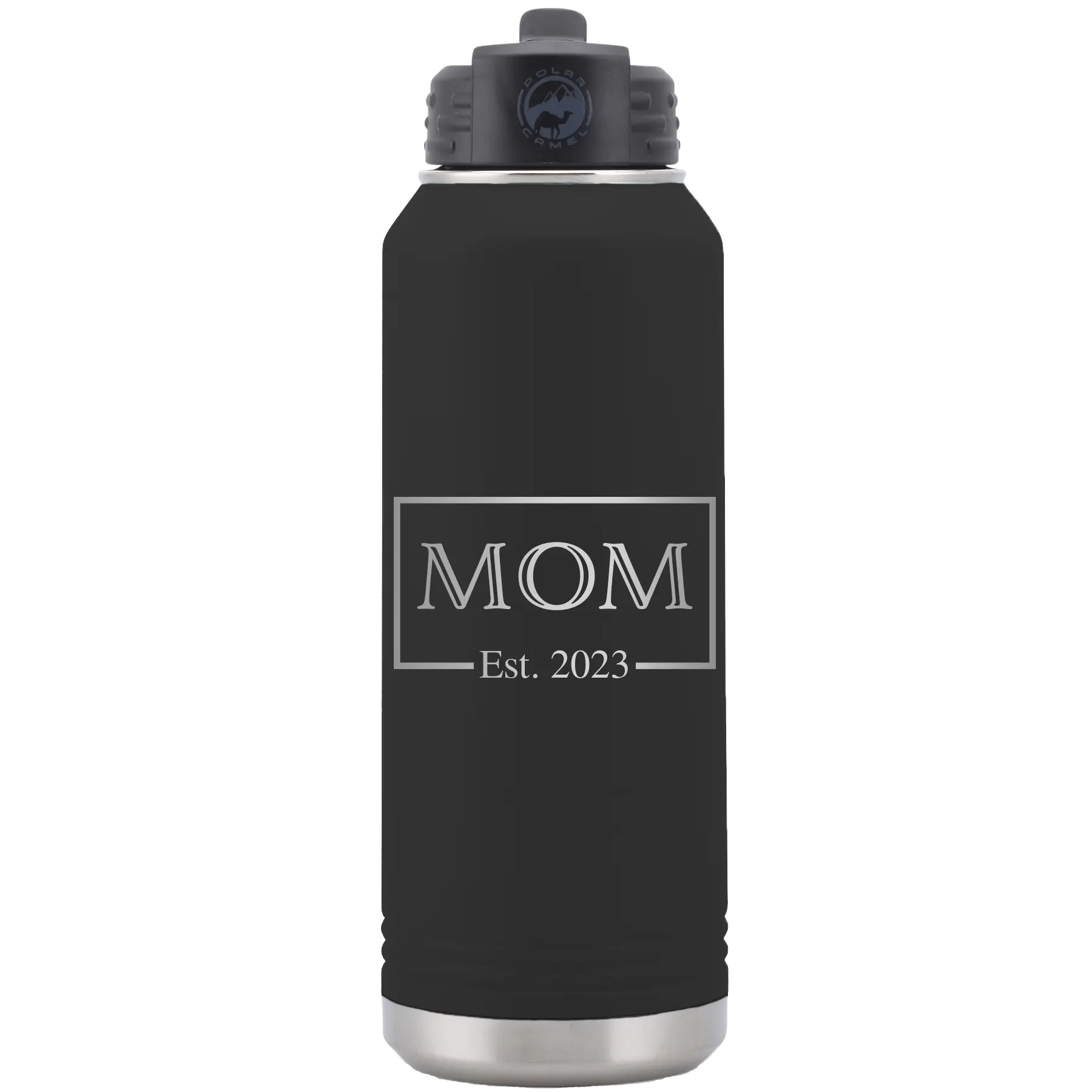Personalized black 32 oz vacuum insulated water bottle with 'Mom Est2' design
