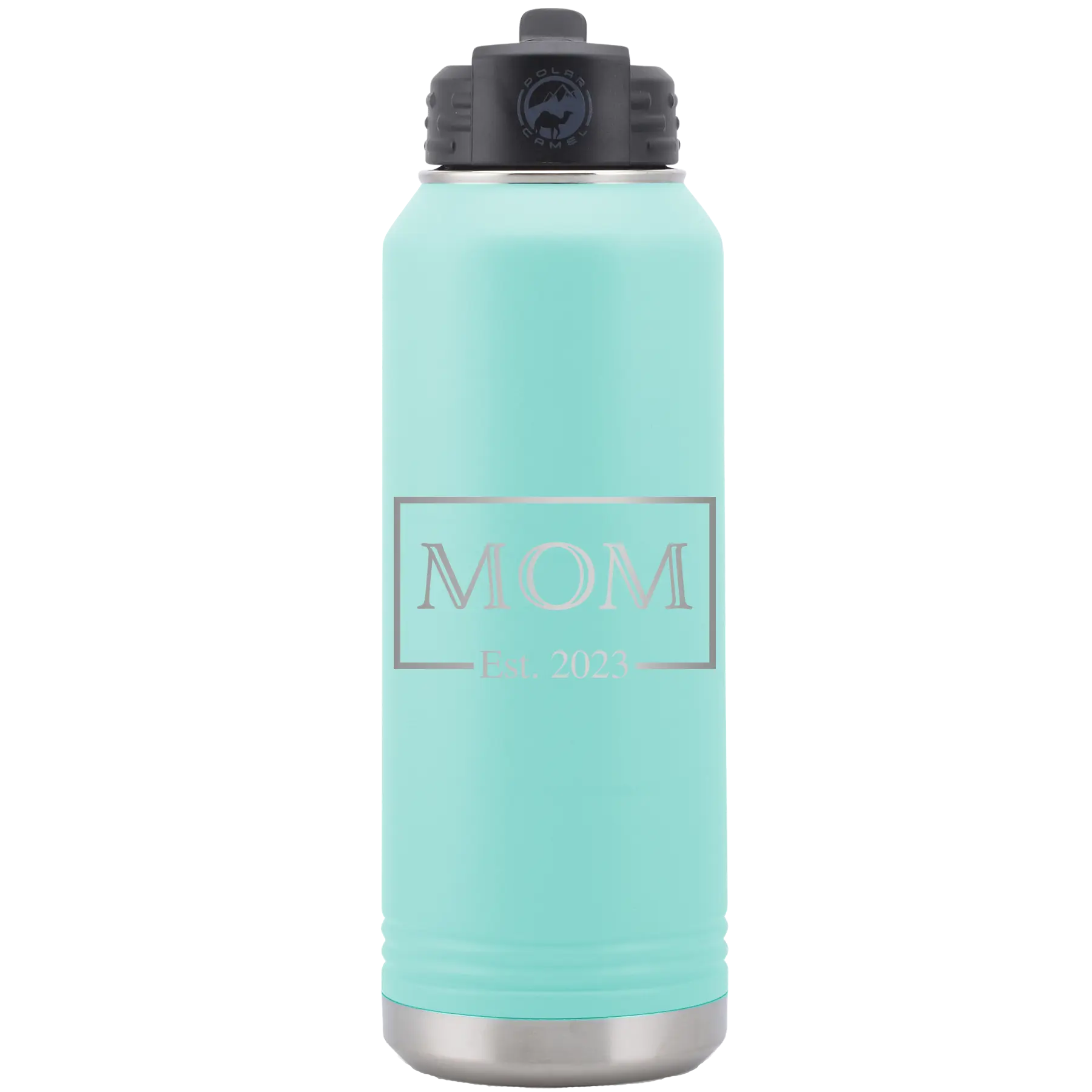 Personalized teal 32 oz vacuum insulated water bottle with 'Mom Est2' design