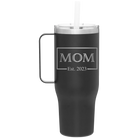 Personalized black 40 oz vacuum insulated tumbler mug with 'Mom Est2' design