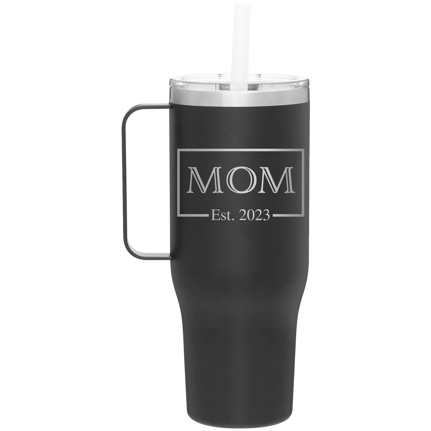 Personalized black 40 oz vacuum insulated tumbler mug with 'Mom Est2' design