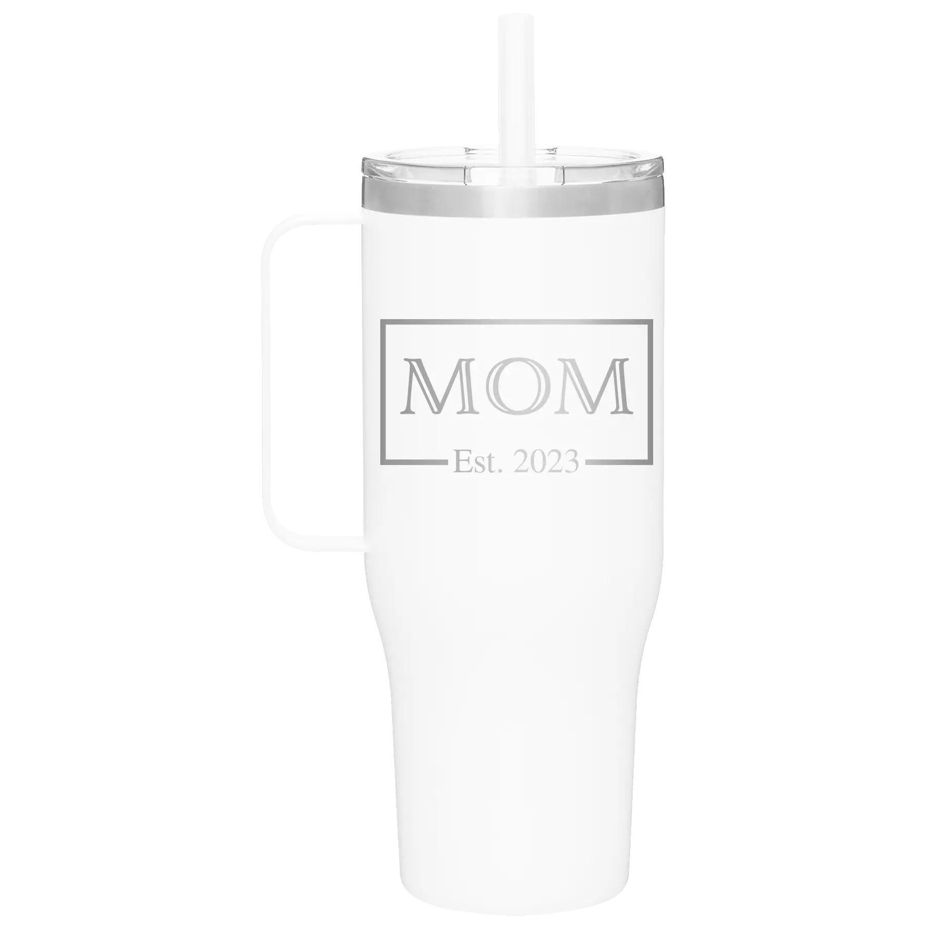 Personalized white 40 oz vacuum insulated tumbler mug with 'Mom Est2' design