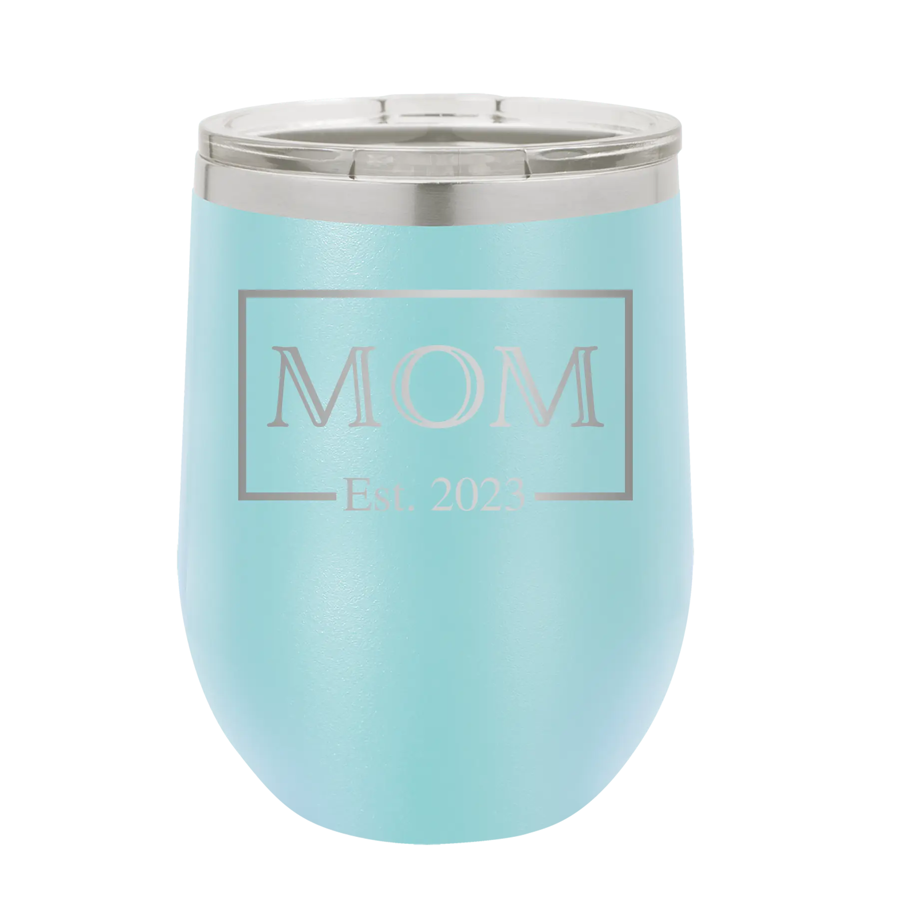Personalized light blue 12 oz vacuum insulated wine cup with 'Mom Est2' design