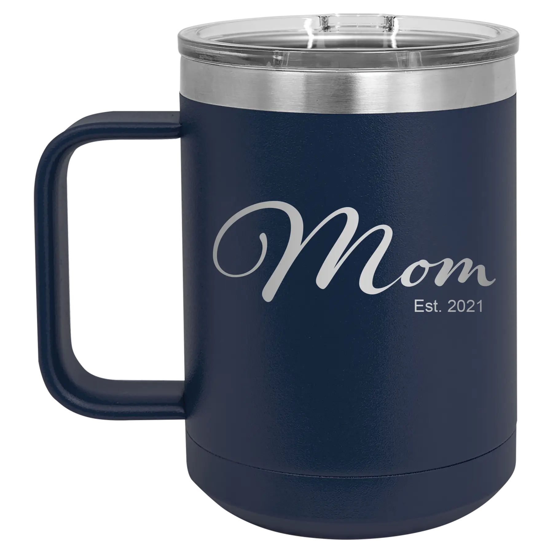 Personalized navy 15 oz vacuum insulated coffee mug with 'Mom Est' design