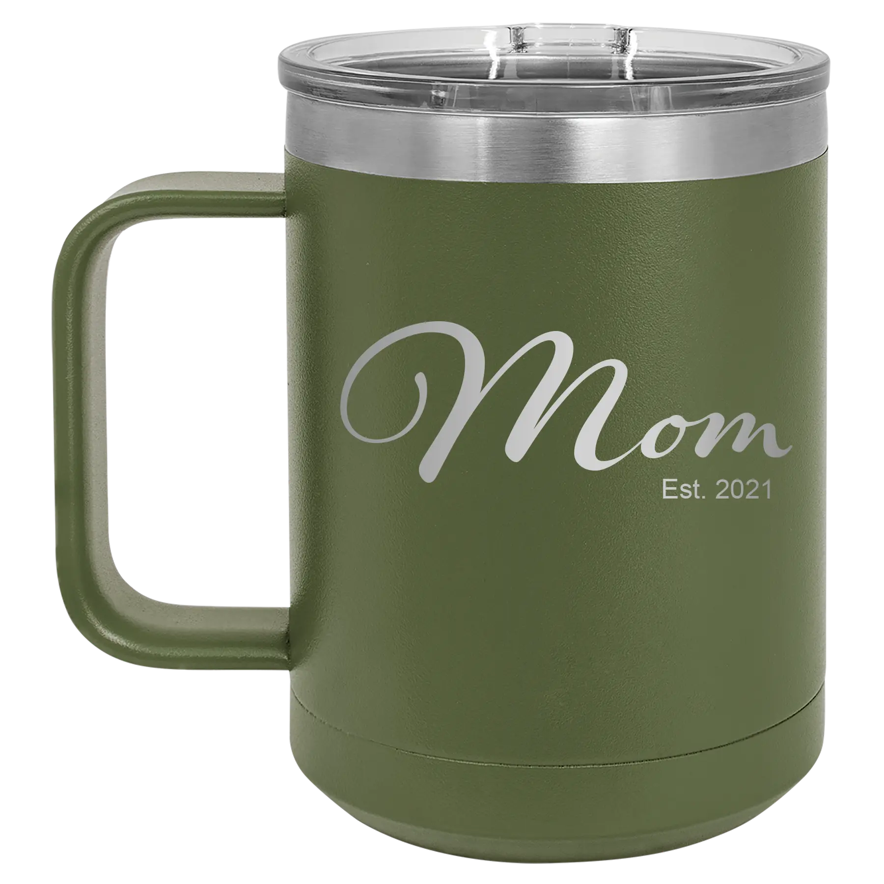 Personalized olive green 15 oz vacuum insulated coffee mug with 'Mom Est' design