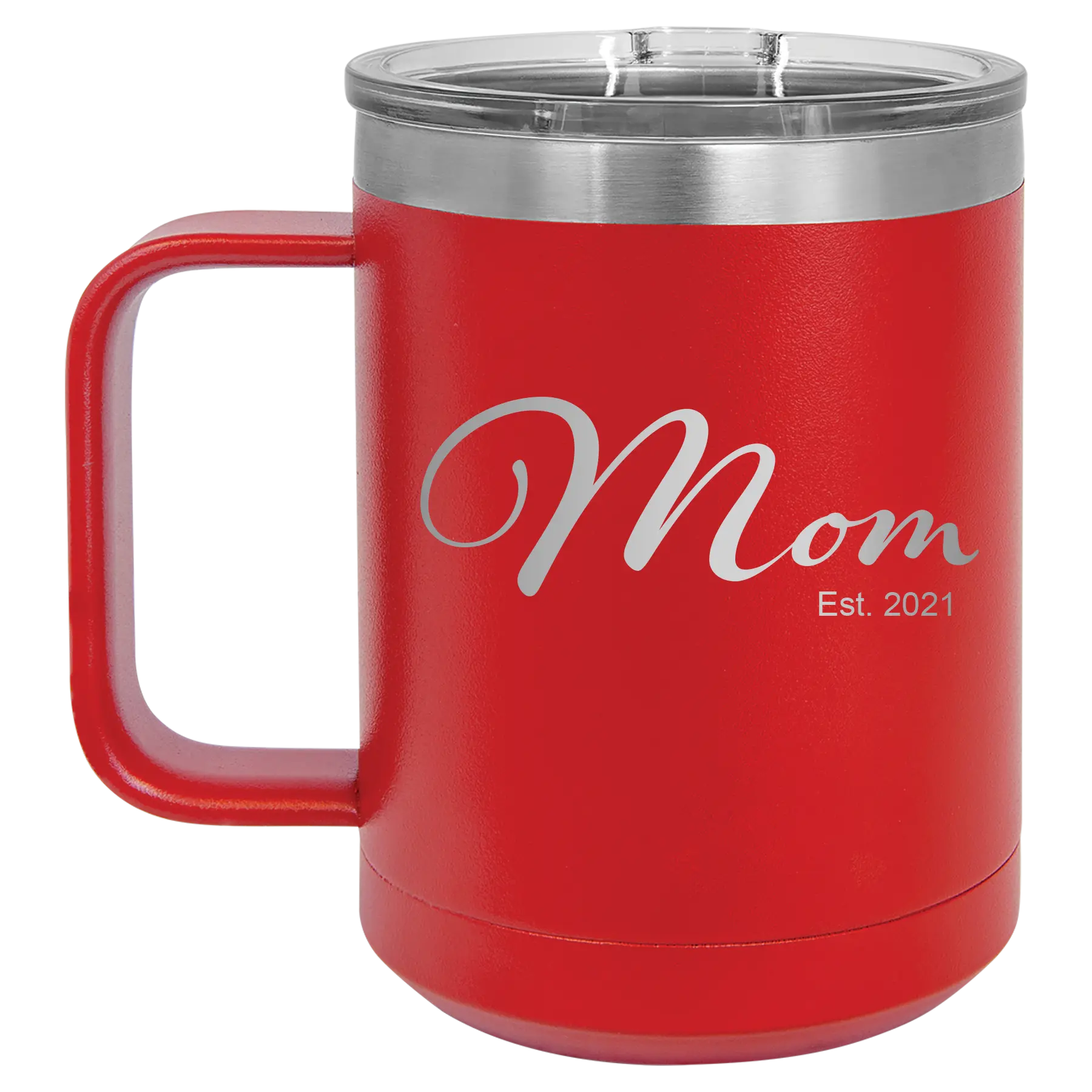 Personalized red 15 oz vacuum insulated coffee mug with 'Mom Est' design
