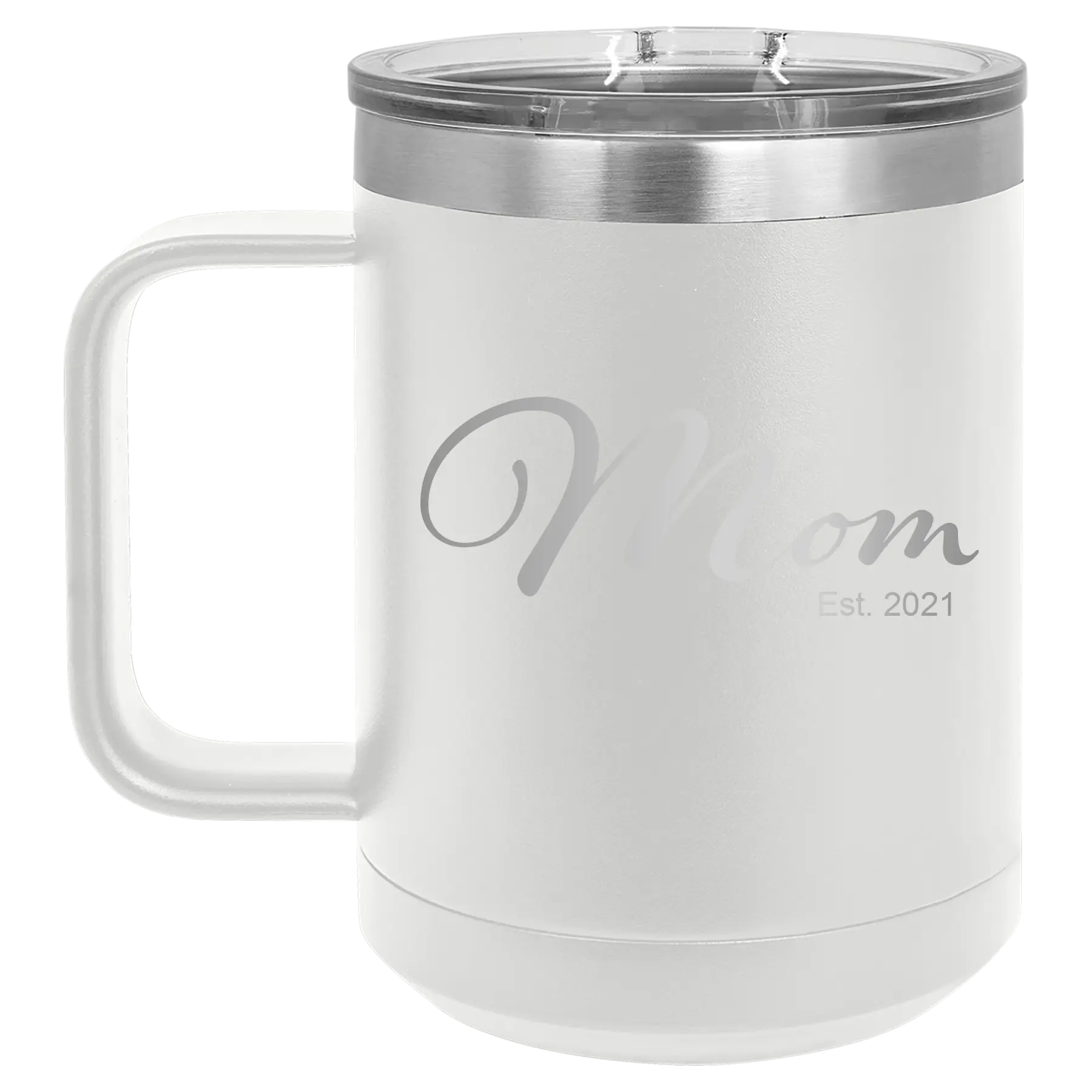 Personalized white 15 oz vacuum insulated coffee mug with 'Mom Est' design