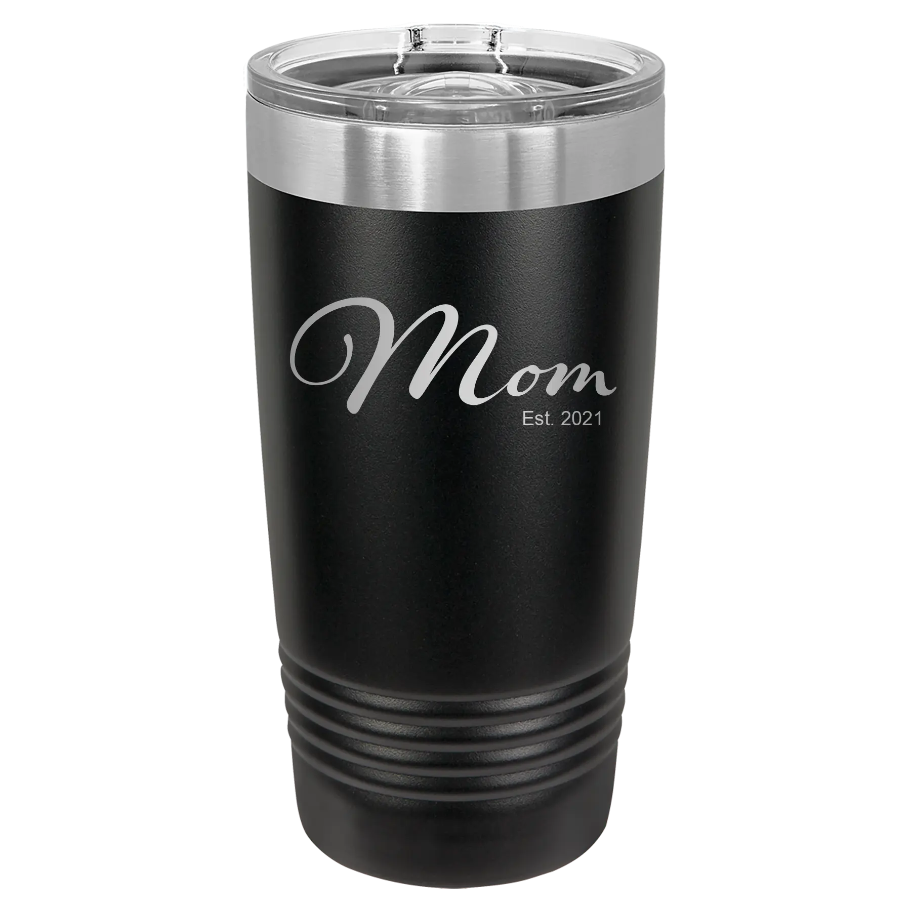 Personalized black 20 oz vacuum insulated tumbler with 'Mom Est' design