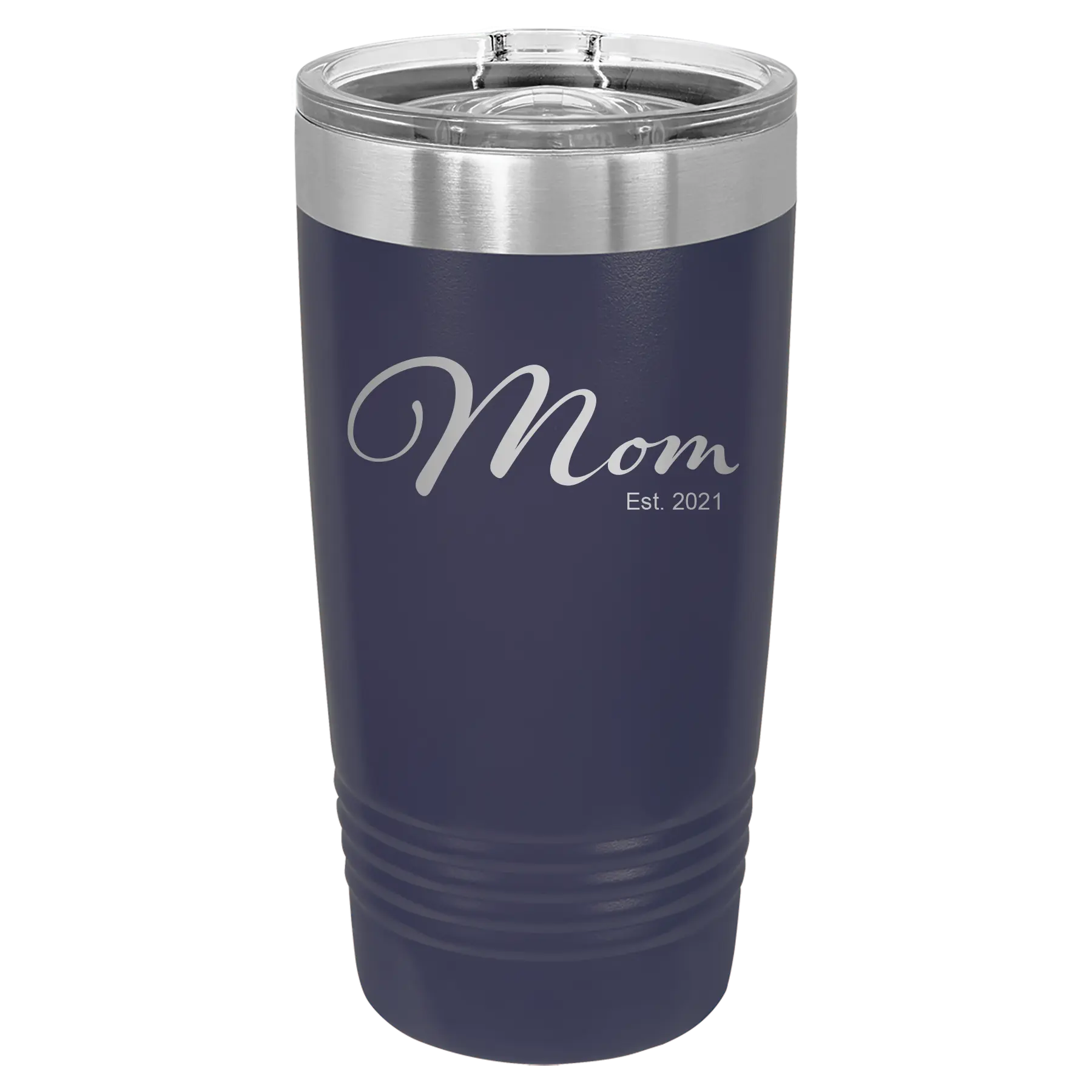 Personalized navy 20 oz vacuum insulated tumbler with 'Mom Est' design