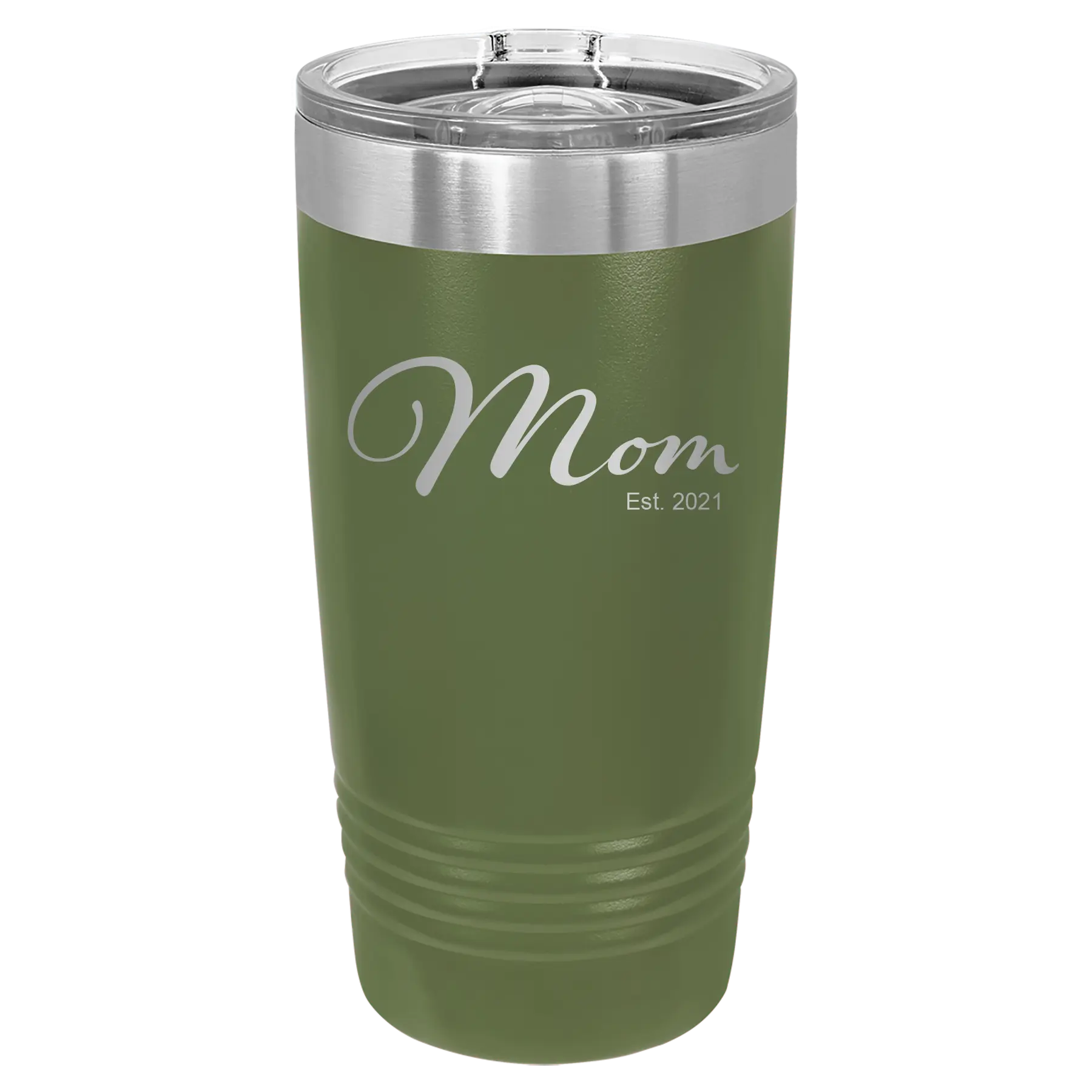 Personalized olive green 20 oz vacuum insulated tumbler with 'Mom Est' design