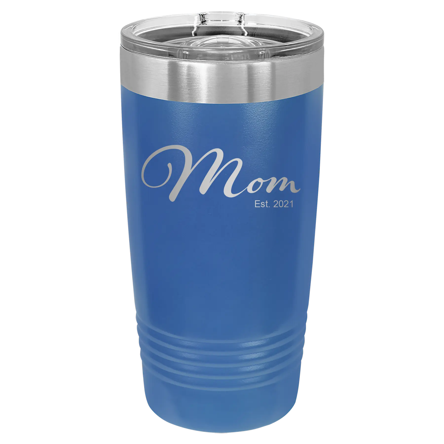Personalized royal blue 20 oz vacuum insulated tumbler with 'Mom Est' design