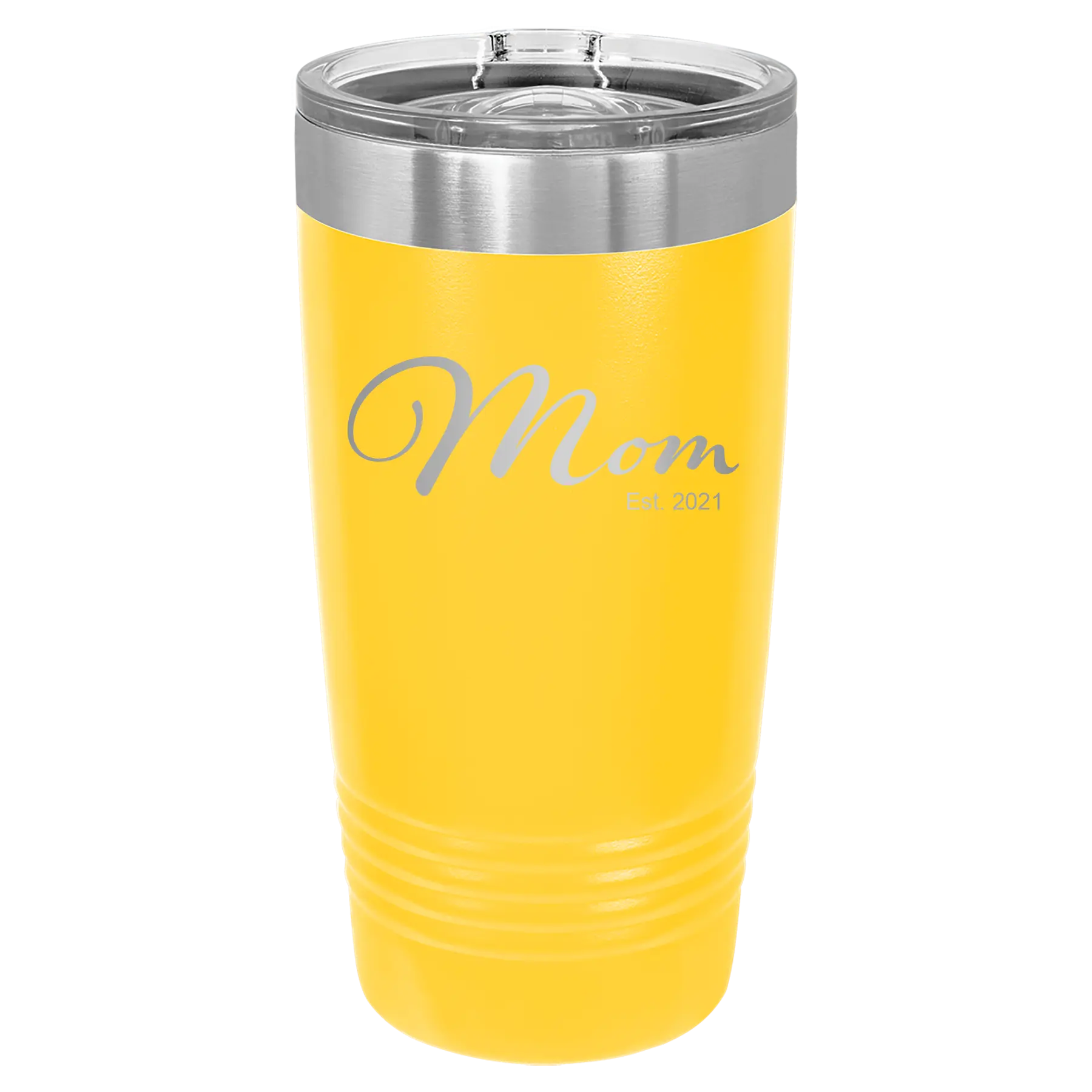 Personalized yellow 20 oz vacuum insulated tumbler with 'Mom Est' design
