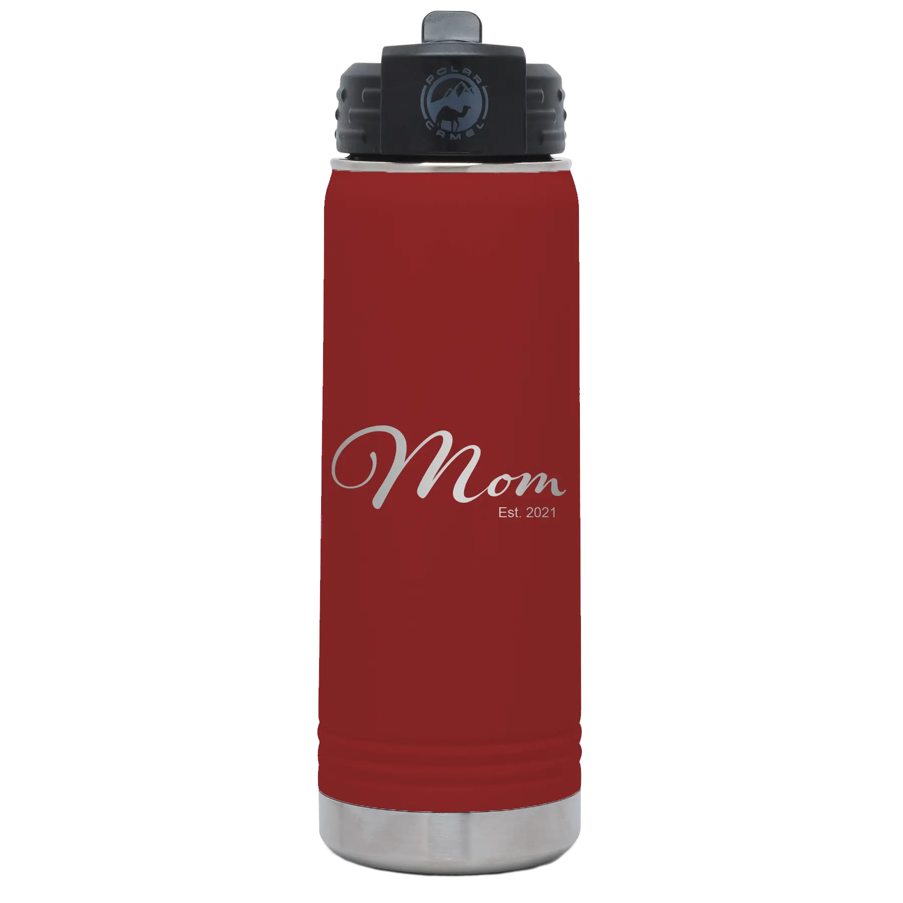 Personalized maroon 20 oz vacuum insulated water bottle with 'Mom Est' design