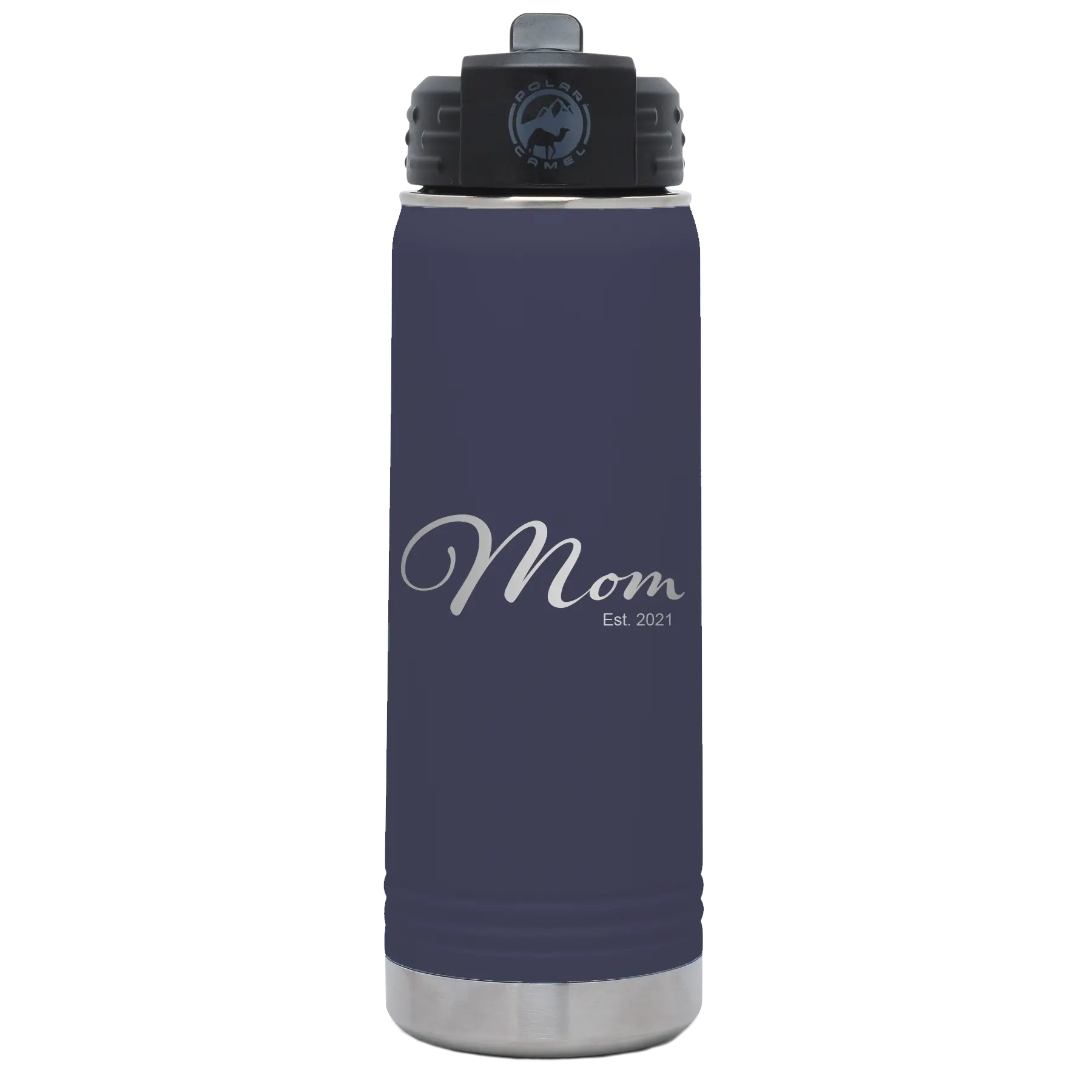 Personalized navy 20 oz vacuum insulated water bottle with 'Mom Est' design