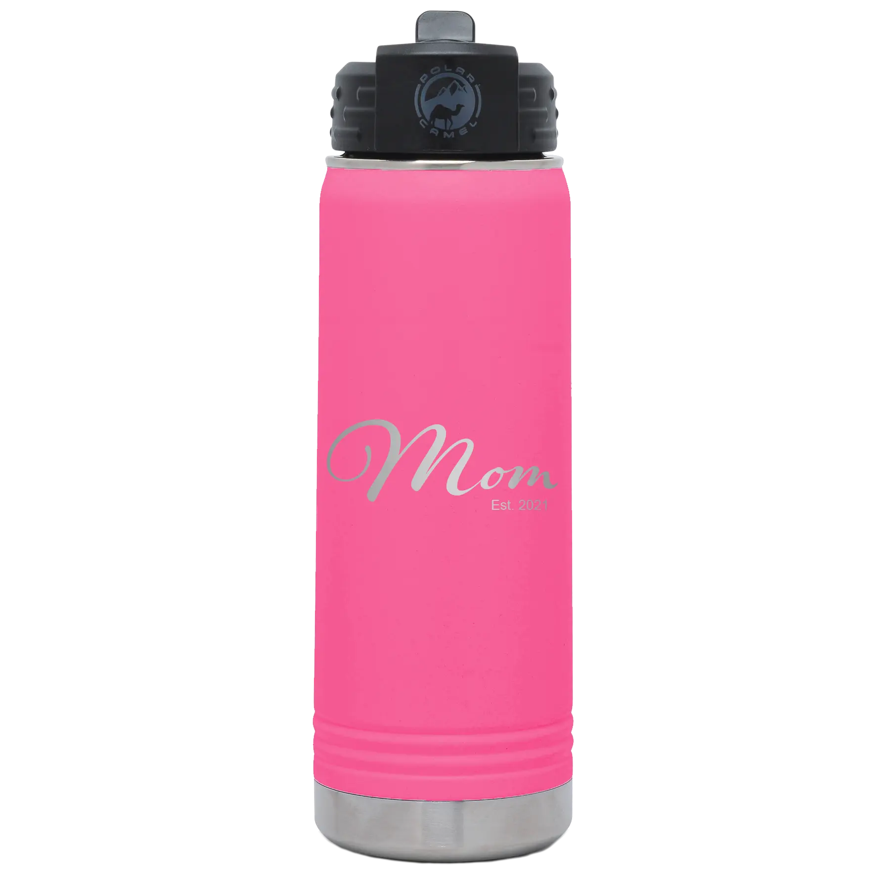 Personalized pink 20 oz vacuum insulated water bottle with 'Mom Est' design