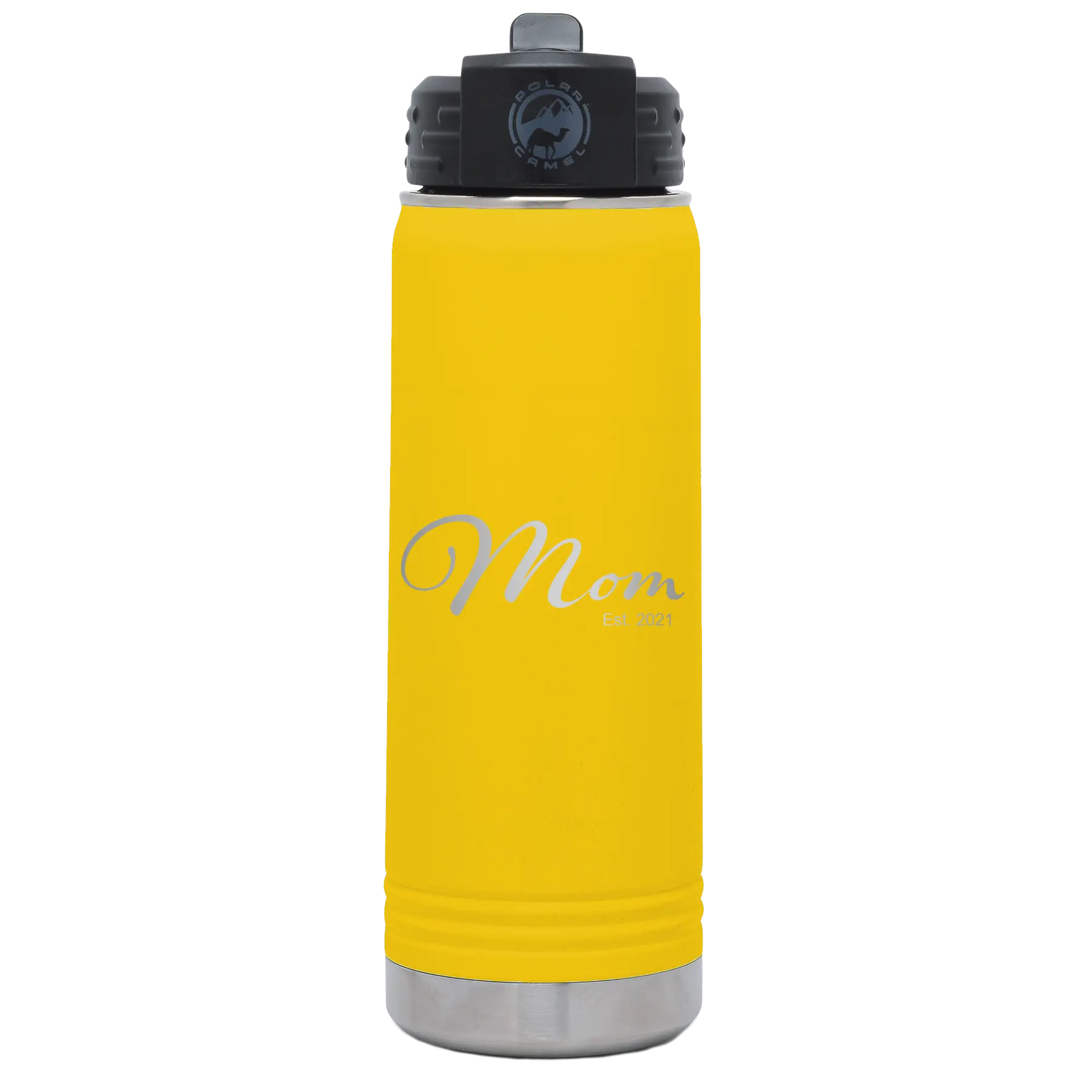 Personalized yellow 20 oz vacuum insulated water bottle with 'Mom Est' design