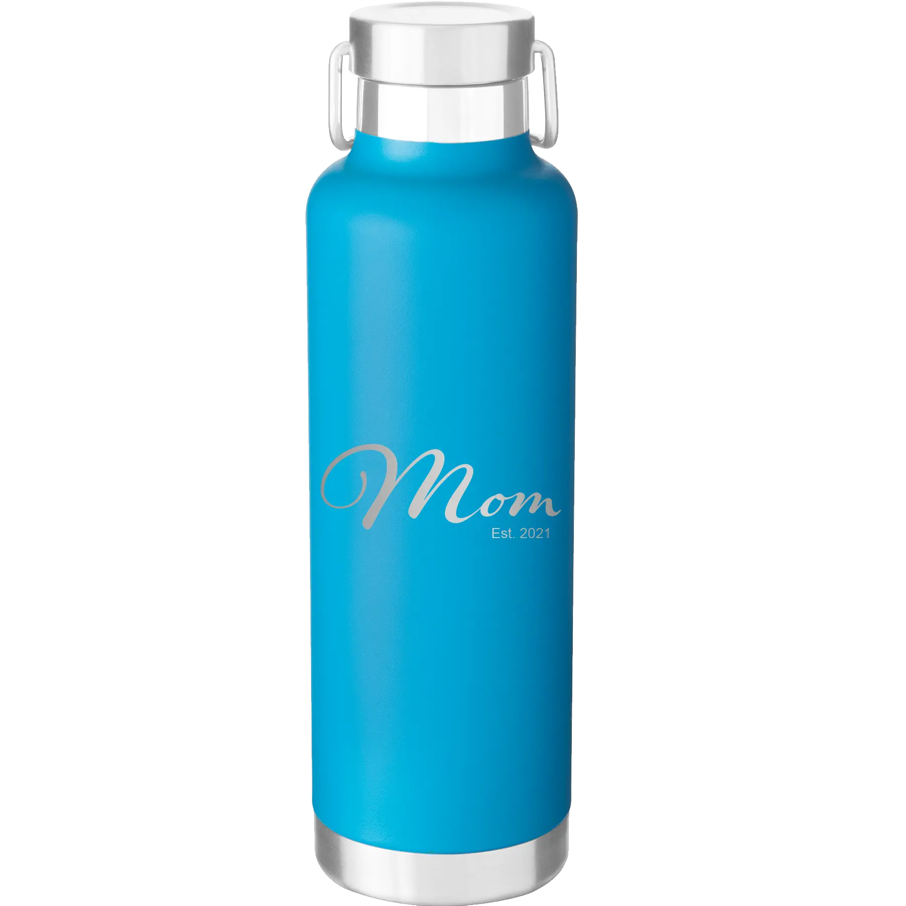 Personalized aqua 24 oz vacuum insulated water bottle with 'Mom Est' design