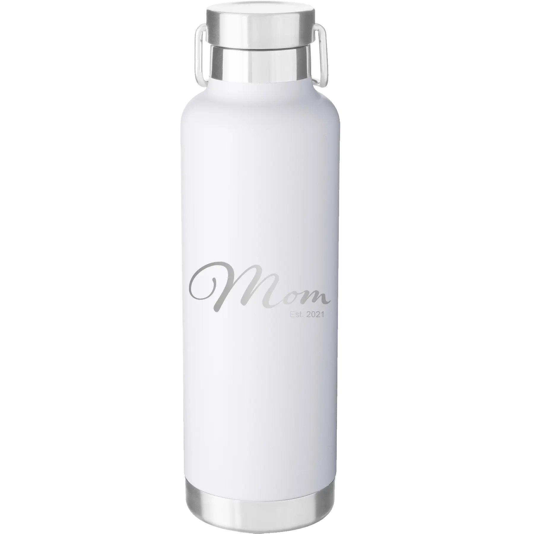 Personalized white 24 oz vacuum insulated water bottle with 'Mom Est' design