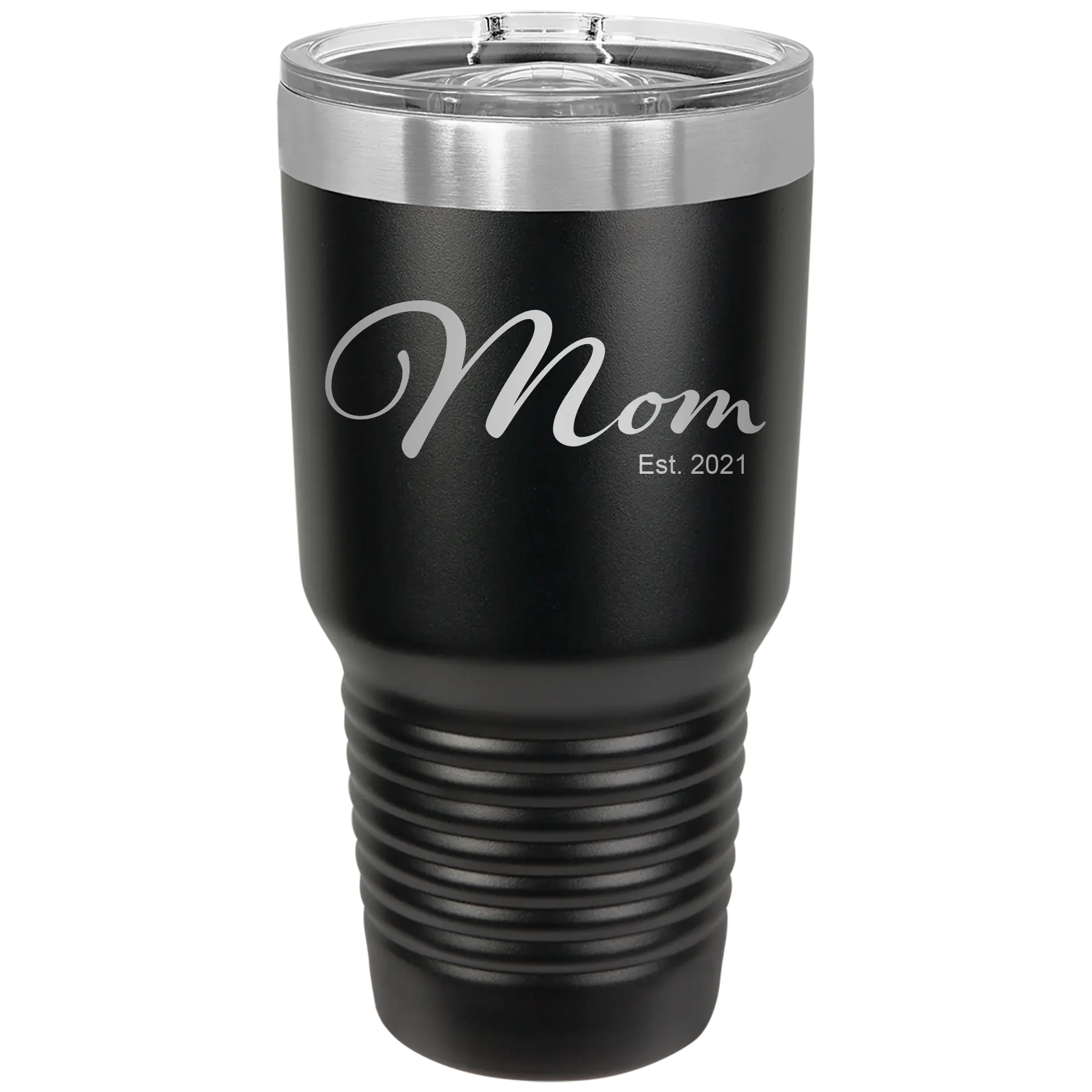 Personalized black 30 oz vacuum insulated tumbler with 'Mom Est' design